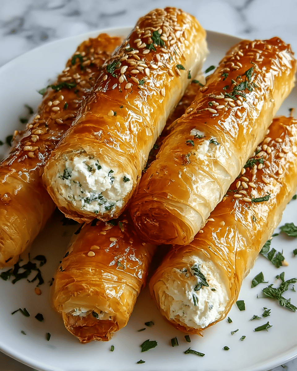 The image shows five golden brown, crispy rolled pastries on a white plate, each with thin, flaky layers of pastry wrapped around a white creamy filling speckled with green herbs. The top layer of the pastries has a shiny glaze sprinkled with toasted sesame seeds and small green herb pieces, adding texture and color. The pastries are arranged closely together, with some green herbs scattered loosely on the plate for garnish, all set against a white marbled surface. photo taken with an iphone --ar 4:5 --v 7