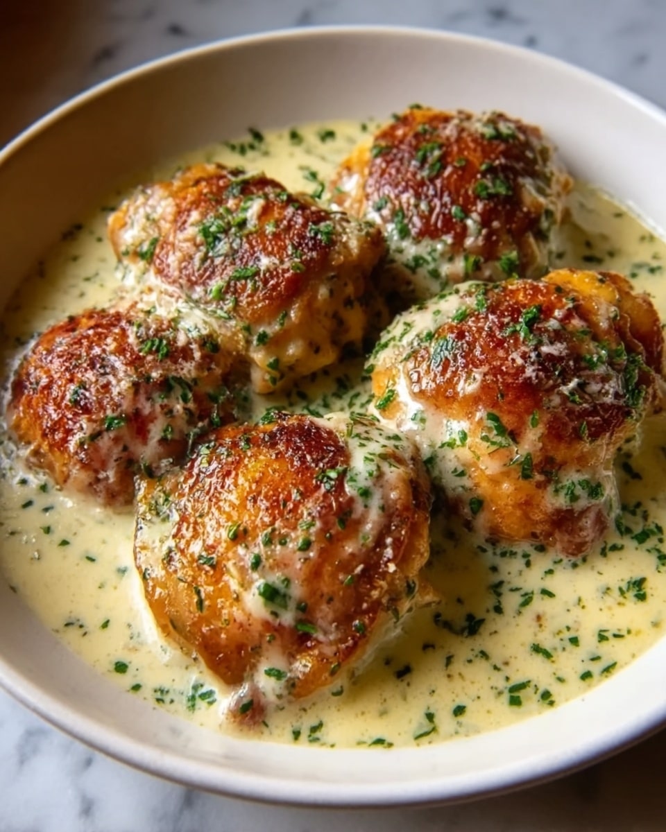 This image shows five golden brown chicken thighs with crispy skin on top of a creamy white sauce sprinkled with green herbs. The chicken pieces are arranged close together in a shallow white bowl, with the thick sauce covering the bottom and partly touching the sides of the chicken. The sauce looks smooth and rich, with small herbs spread evenly over the chicken and sauce. The background features a white marbled texture, giving a clean and bright look. photo taken with an iphone --ar 4:5 --v 7