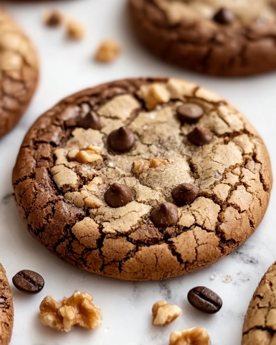 The image shows a round chocolate cookie with a cracked surface and a soft texture. The cookie has layers of dark and light brown shades, with small chocolate chips embedded on top and some walnut pieces scattered around it. The cookie is placed on a white marbled surface with a few coffee beans nearby, adding contrast to the warm colors of the cookie. In the background, more cookies are slightly out of focus, showing a cozy and inviting setting. Photo taken with an iphone --ar 4:5 --v 7