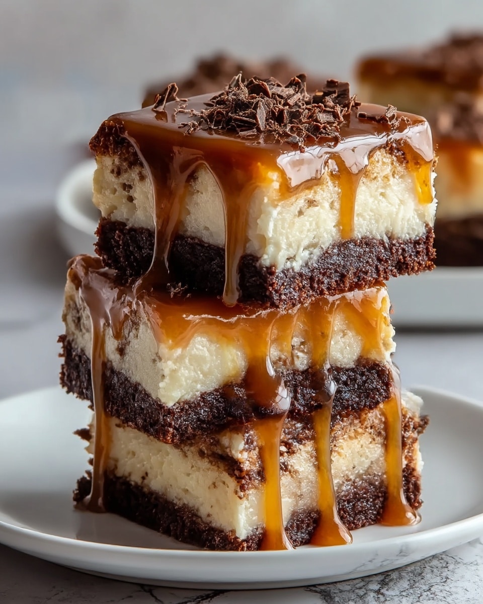 The image shows three stacked dessert squares on a white plate with a white marbled texture below. Each square has three layers: a bottom dark brown crumbly chocolate brownie base, a middle creamy light beige cheesecake layer, and a top thick caramel layer that is glossy and dripping down the sides. The caramel drips are rich amber color, flowing over the edges. The top is sprinkled with small chocolate shavings that add texture and extra detail. The background is softly out of focus, making the dessert the main focus. photo taken with an iphone --ar 4:5 --v 7