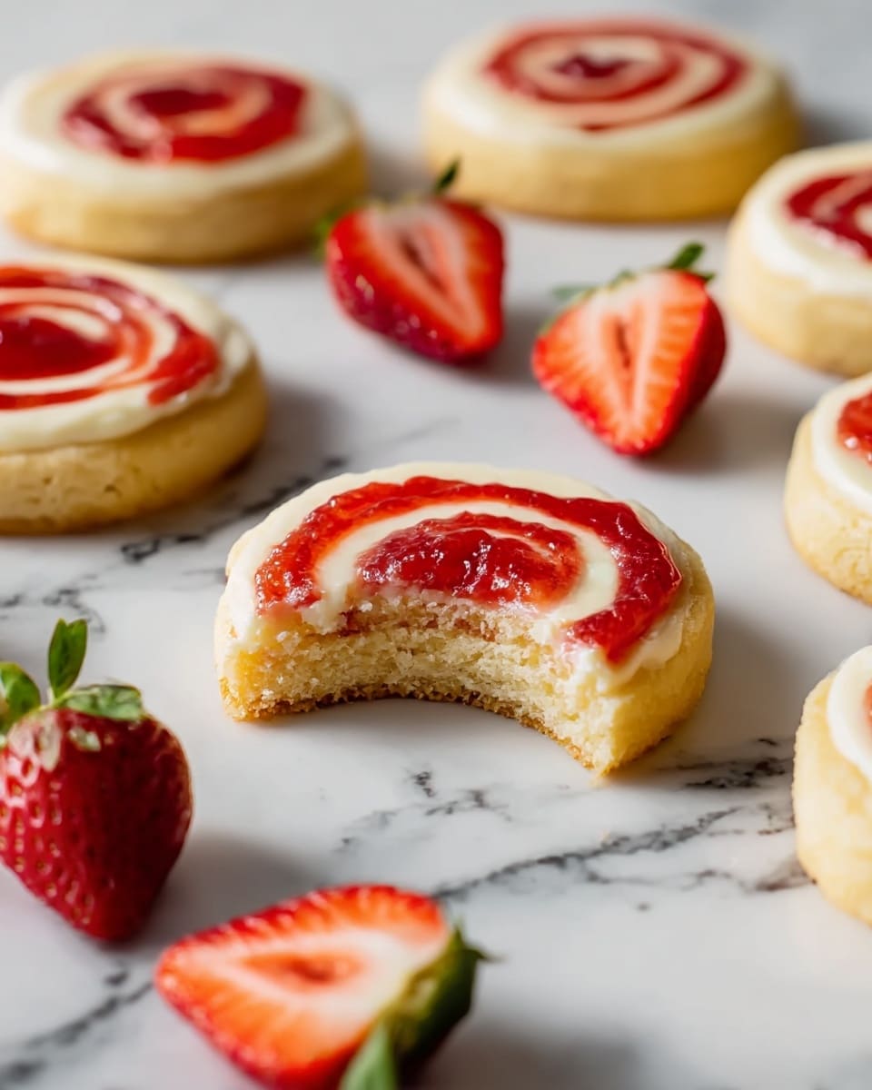 The image shows several round cookies with three layers: a golden brown bottom crust, a thick creamy white middle layer, and a red strawberry jam swirl on top. One cookie in the center has a bite taken out, revealing the soft texture inside. Around the cookies are fresh red strawberry halves with green leaves, placed on a white marbled surface. The overall look is fresh and inviting with clear focus on the creamy and jam layers. photo taken with an iphone --ar 4:5 --v 7