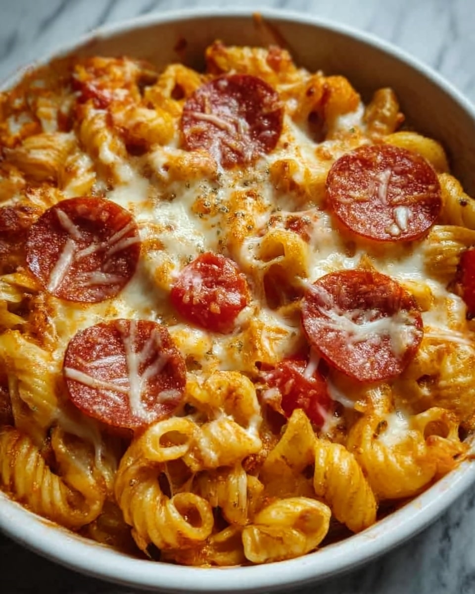 The image shows a close-up of a white bowl filled with baked pasta layered with slices of pepperoni, melted cheese, and red tomato pieces. The pasta is curled and coated in a rich, orange-red sauce, and the cheese is melted and slightly browned, melting over the pepperoni and pasta. The pepperoni is scattered on top, crispy on the edges, with some pieces partially covered by the cheese. The bowl sits on a white marbled surface. Photo taken with an iphone --ar 4:5 --v 7