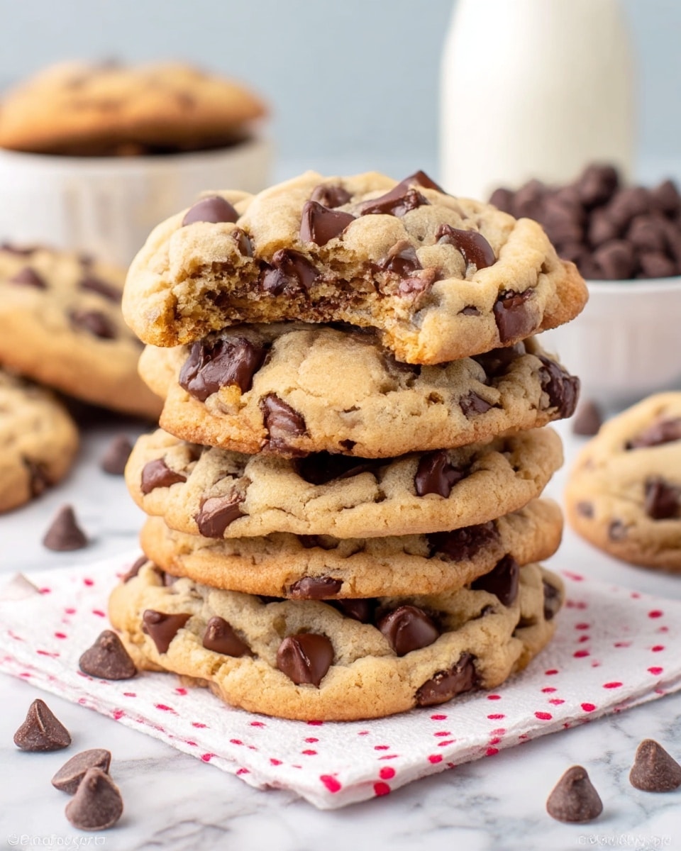 The image shows a stack of five thick and soft chocolate chip cookies on a white napkin with small red dots, placed on a white marbled surface. The cookies are golden brown with many large dark brown chocolate chips embedded, some melting slightly, giving a gooey look. The cookies are irregularly shaped with slightly crisp edges. Around the stack, there are scattered chocolate chips and a white bowl filled with more chocolate chips in the background, along with a white glass bottle blurred behind. The scene is brightly lit, emphasizing the texture and softness of the cookies. Photo taken with an iphone --ar 4:5 --v 7