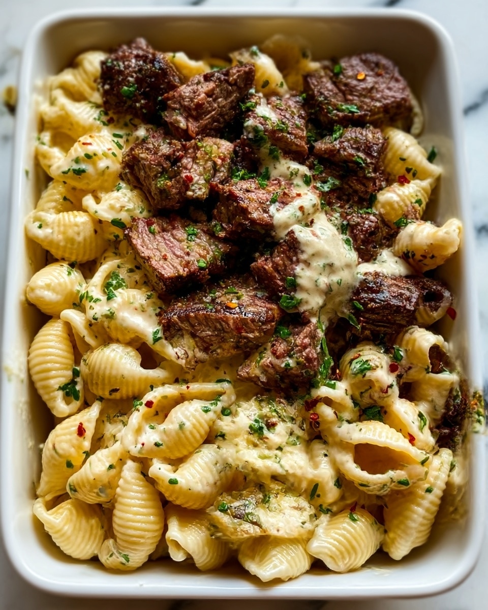 The image shows a white rectangular dish filled with two main layers: on one side, shell pasta covered in a creamy, light yellow cheese sauce sprinkled with finely chopped green herbs, and on the other side, juicy, dark brown grilled steak pieces seasoned with herbs and small red pepper flakes. Both layers are closely placed, creating a contrast of creamy pasta and tender meat, with some herbs scattered on top to add color. The dish is set on a white marbled surface. Photo taken with an iphone --ar 4:5 --v 7