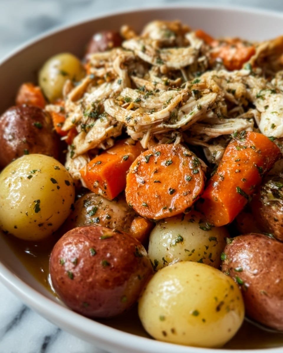 The image shows a close-up of a cooked dish with several layers. At the bottom, there are whole baby red and yellow potatoes with a smooth, shiny surface, mixed with large chunks of orange carrots that have a soft texture. On top, shredded pieces of seasoned chicken are spread out, appearing tender and moist, with green herbs sprinkled all over. The food is all inside a white bowl, set on a white marbled surface. photo taken with an iphone --ar 4:5 --v 7