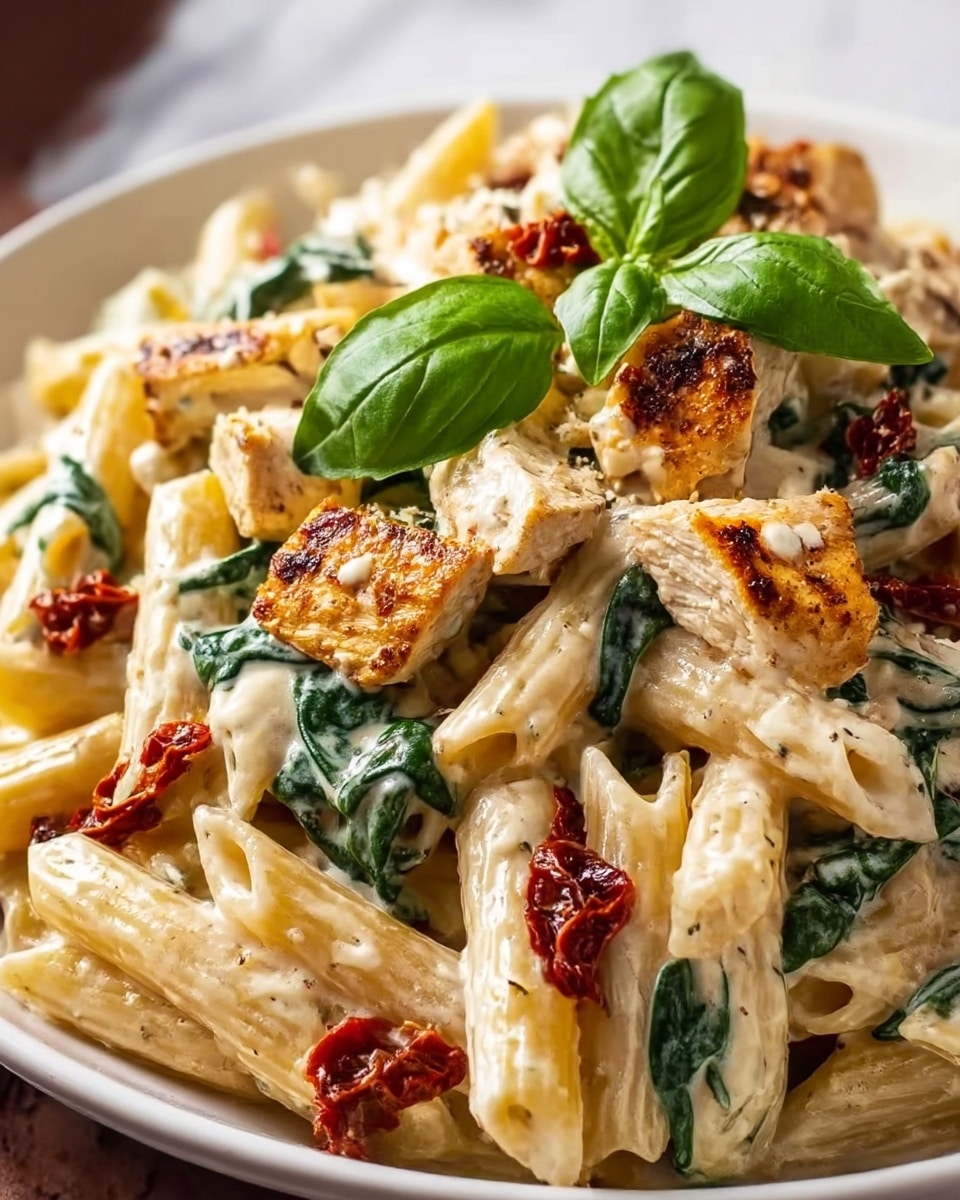 A close-up image of creamy penne pasta served in a white plate, with about three layers visible: the base layer is tender penne pasta coated evenly in a smooth, creamy white sauce; mixed throughout are sautéed wilted spinach leaves adding dark green touches; scattered on top are chunks of golden brown grilled chicken pieces, slightly charred and juicy in texture; sun-dried tomato bits are sprinkled throughout giving deep red pops of color; a few fresh basil leaves rest on top as a garnish, adding bright green freshness; the dish looks rich and well-mixed with a slight shine on the sauce, all set on a white marbled texture background. photo taken with an iphone --ar 4:5 --v 7