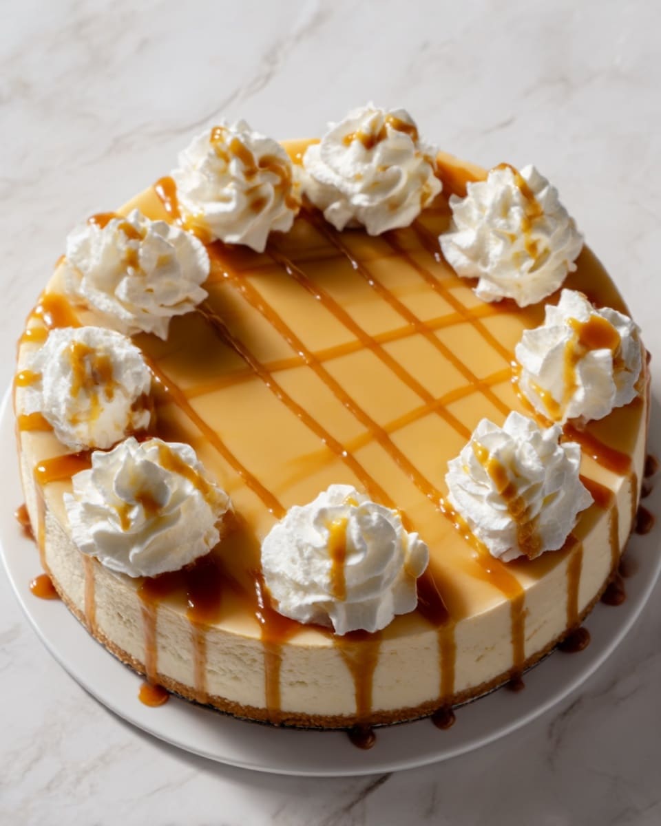 The image shows a round cheesecake with a smooth, light caramel layer on top. Around the edge of the cheesecake, there are eight evenly spaced dollops of white whipped cream, each topped with a small drizzle of caramel sauce. The caramel layer has thin diagonal lines of caramel sauce running across it, giving a shiny texture to the surface. The cheesecake sits on a white plate, and the background is a white marbled texture. Photo taken with an iphone --ar 4:5 --v 7