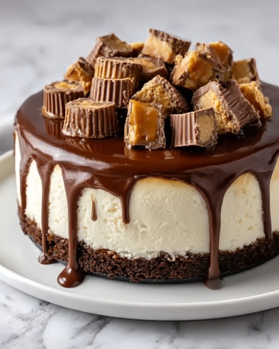 A round cheesecake with three visible layers sits on a white plate over a white marbled surface. The bottom layer is dark brown and crumbly, the middle layer is thick, creamy, and off-white, and the thick top layer is a glossy, rich chocolate ganache that drips down the sides. On top, chopped chocolate peanut butter cups are scattered, showing swirls of brown chocolate and tan peanut butter inside. photo taken with an iphone --ar 4:5 --v 7