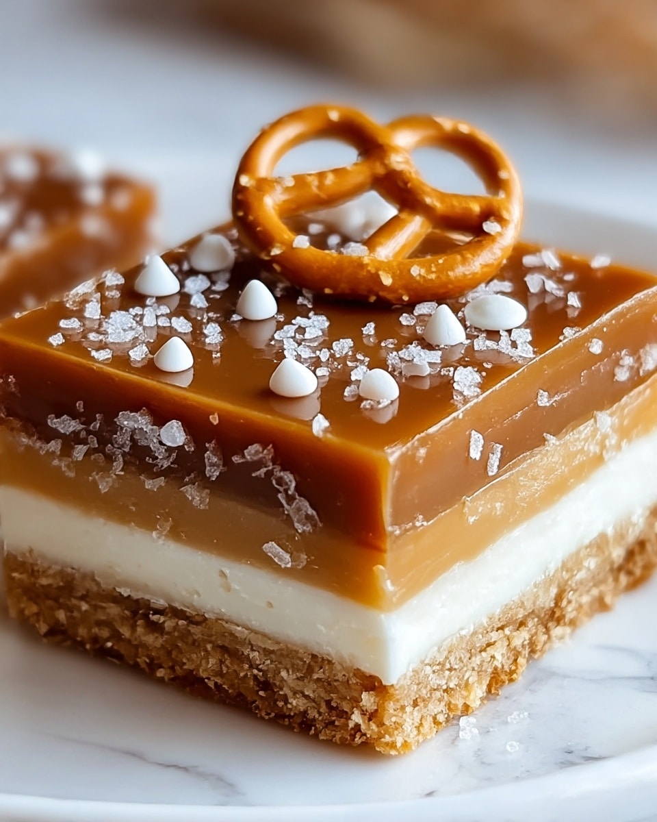 A close-up of a square layered dessert on a white plate with a white marbled background, showing three distinct layers: the bottom layer is a light brown crumbly crust, followed by a thick creamy white middle layer, and topped with a smooth, glossy caramel layer. The caramel layer is decorated with coarse sea salt crystals, small white chocolate chips, and a small pretzel with coarse salt on top. The edges of the layers are clean and sharp, highlighting the texture differences. photo taken with an iphone --ar 4:5 --v 7