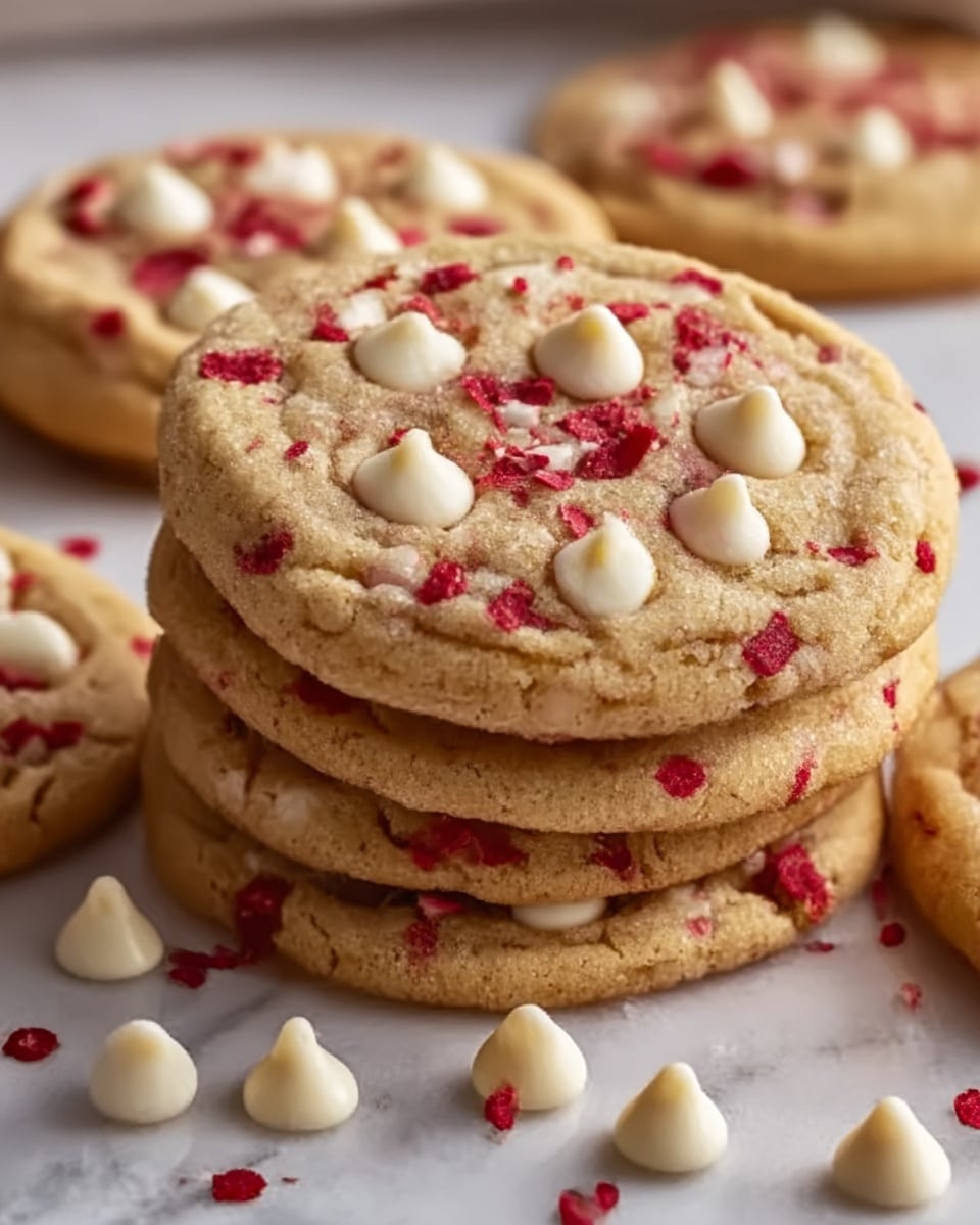 The image shows a stack and single display of soft cookies on a white marbled surface. Each cookie has three layers: the base layer is light golden brown with a soft texture, scattered with small white chocolate chips creating smooth round spots on top, and bits of red strawberry pieces spread evenly across the surface, adding specks of bright red and a slightly rough texture. The cookies are thick and slightly crinkled around edges, giving a homemade look. There are several white chocolate chips also loosely placed beside the cookies on the surface. Photo taken with an iphone --ar 4:5 --v 7