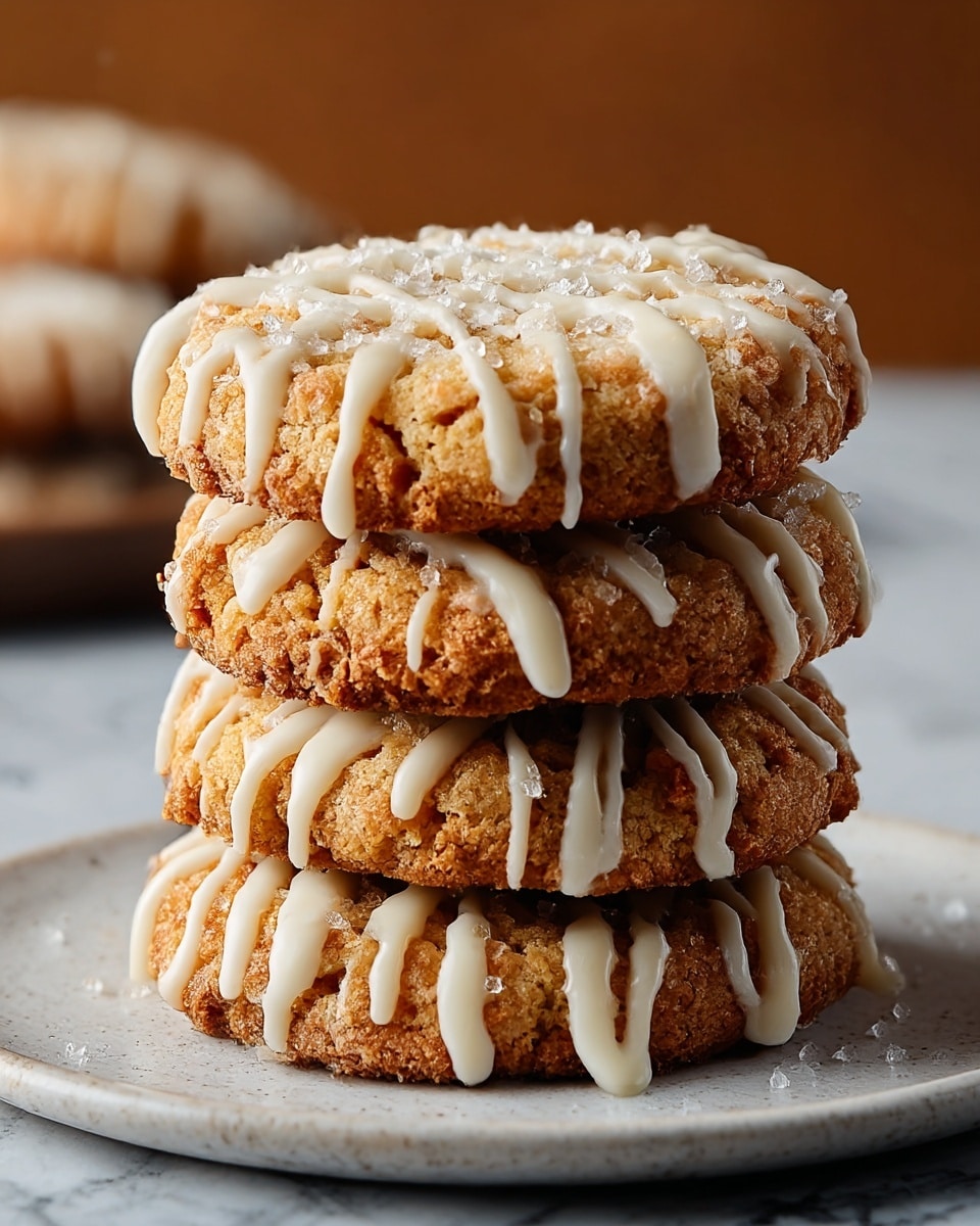 A stack of four golden-brown cookies sit on a white plate, each cookie slightly crumbly with a rough texture around the edges. The cookies have a light, crispy look with white icing drizzled on top in uneven lines that drip slightly down the sides. Tiny sugar crystals sparkle on the cookies and plate, catching the light. The background shows blurred shapes, making the stack the clear focus of the image, all set on a white marbled surface. Photo taken with an iphone --ar 4:5 --v 7