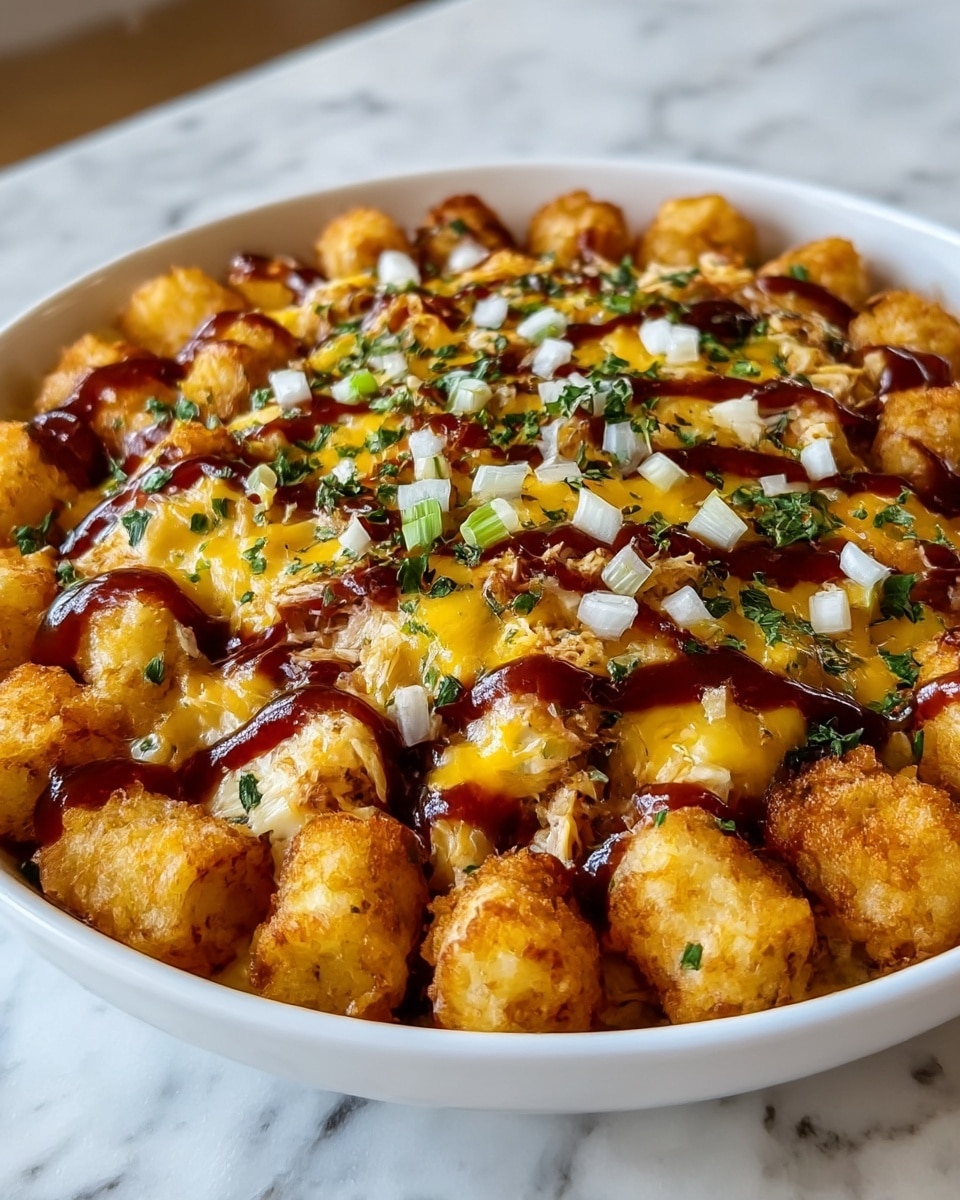 The dish is served in a white bowl filled with one main layer of golden-brown tater tots, each crispy and textured on the outside. Over the tater tots, there is a generous layer of melted yellow and white cheese, gooey and mixing smoothly with the small pieces of shredded chicken that are pale brown and tender. On top, dark brown barbecue sauce is drizzled in thin lines across the dish, adding shine and contrast. Small chopped white onions and green herb bits are sprinkled evenly over everything, giving a fresh pop of color. The bowl sits on a white marbled surface. photo taken with an iphone --ar 4:5 --v 7