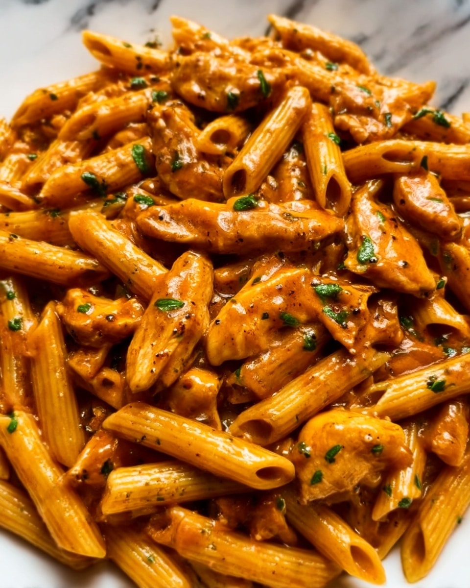 The image shows a close-up of a white plate filled with penne pasta mixed with pieces of chicken. The pasta and chicken are coated in a glossy, orange-brown sauce with visible herbs like parsley scattered throughout. The sauce has a smooth texture and covers the pasta and chicken evenly, giving the dish a rich and slightly shiny appearance. The background is a white marbled surface. photo taken with an iphone --ar 4:5 --v 7