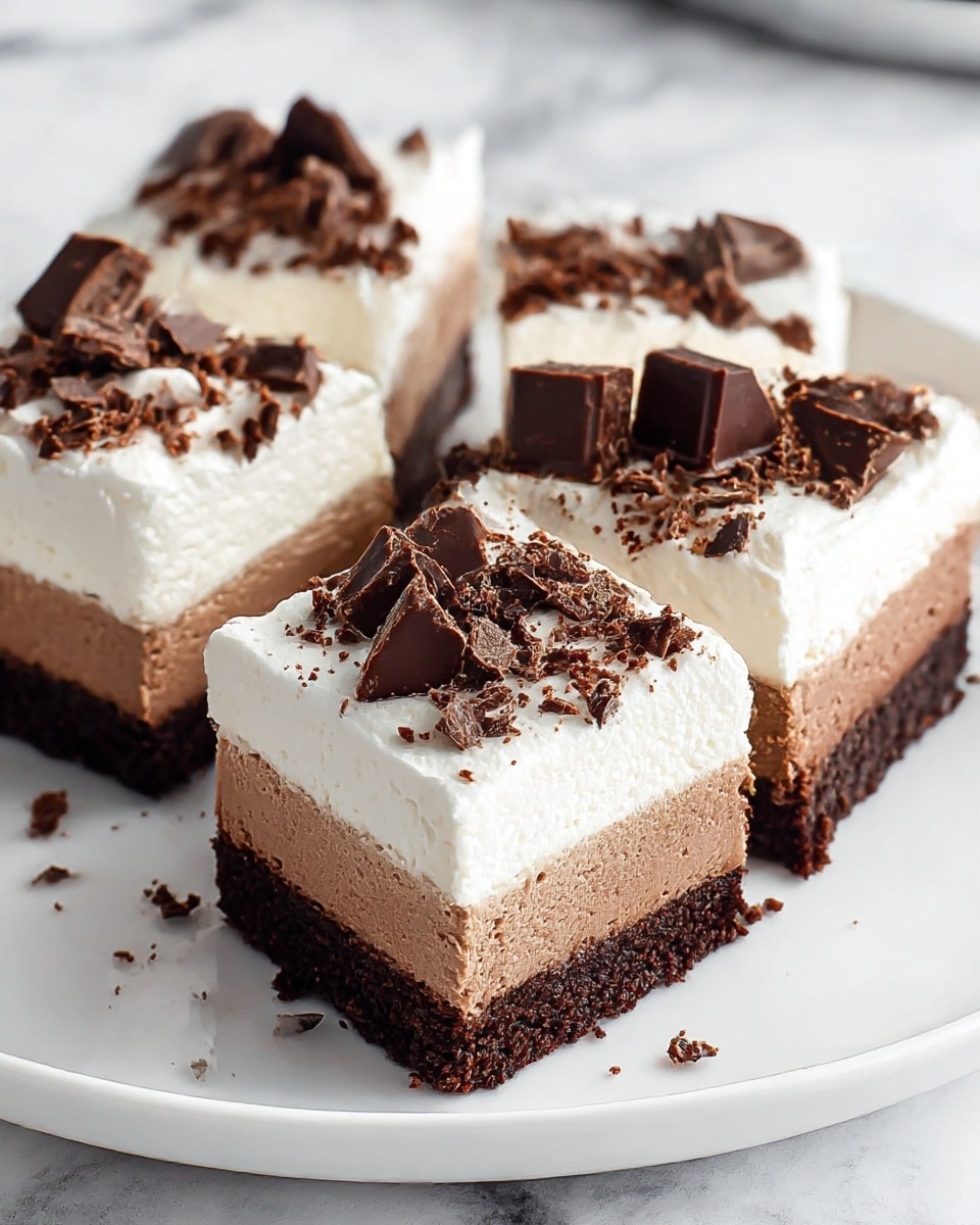 A white plate holds four square dessert pieces, each with three clear layers: a dark brown crumbly base, a middle light brown creamy mousse layer, and a top thick white whipped cream layer. On top of the whipped cream, there are chunks of milk chocolate and small bits of chocolate crumbs scattered around. The slices are neatly cut, revealing the soft texture of the mousse against the firmer base. The plate is set on a white marbled surface. photo taken with an iphone --ar 4:5 --v 7