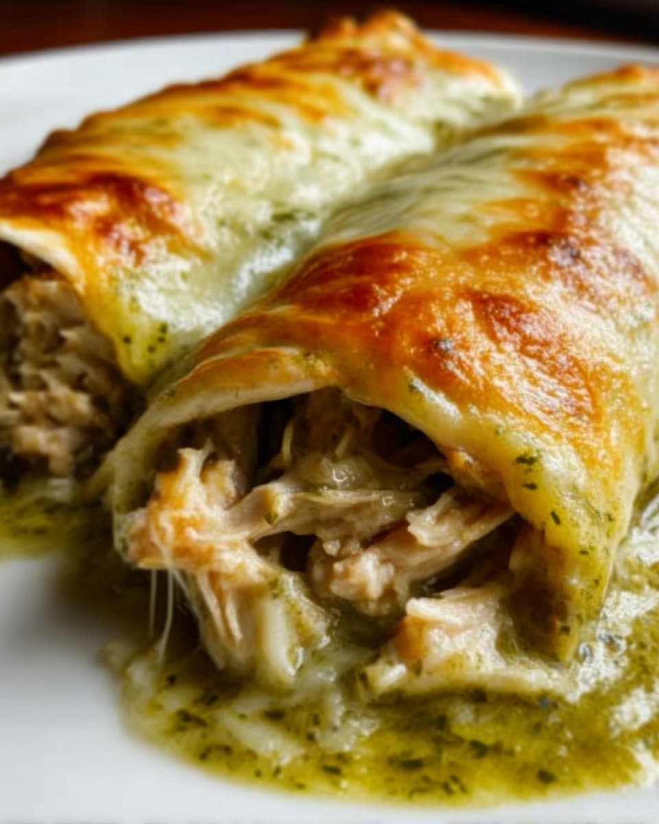 The image shows two rolled enchiladas on a white plate with melted cheese on top, slightly browned and bubbling. The enchiladas are filled with shredded chicken that looks tender and juicy, surrounded by a green sauce with herbs visible, giving a slightly chunky texture. The front enchilada is partially open, revealing the filling inside, while the second one is fully covered in sauce and cheese. The close-up view highlights the gooey texture of the cheese and the moistness of the filling. Photo taken with an iphone --ar 4:5 --v 7
