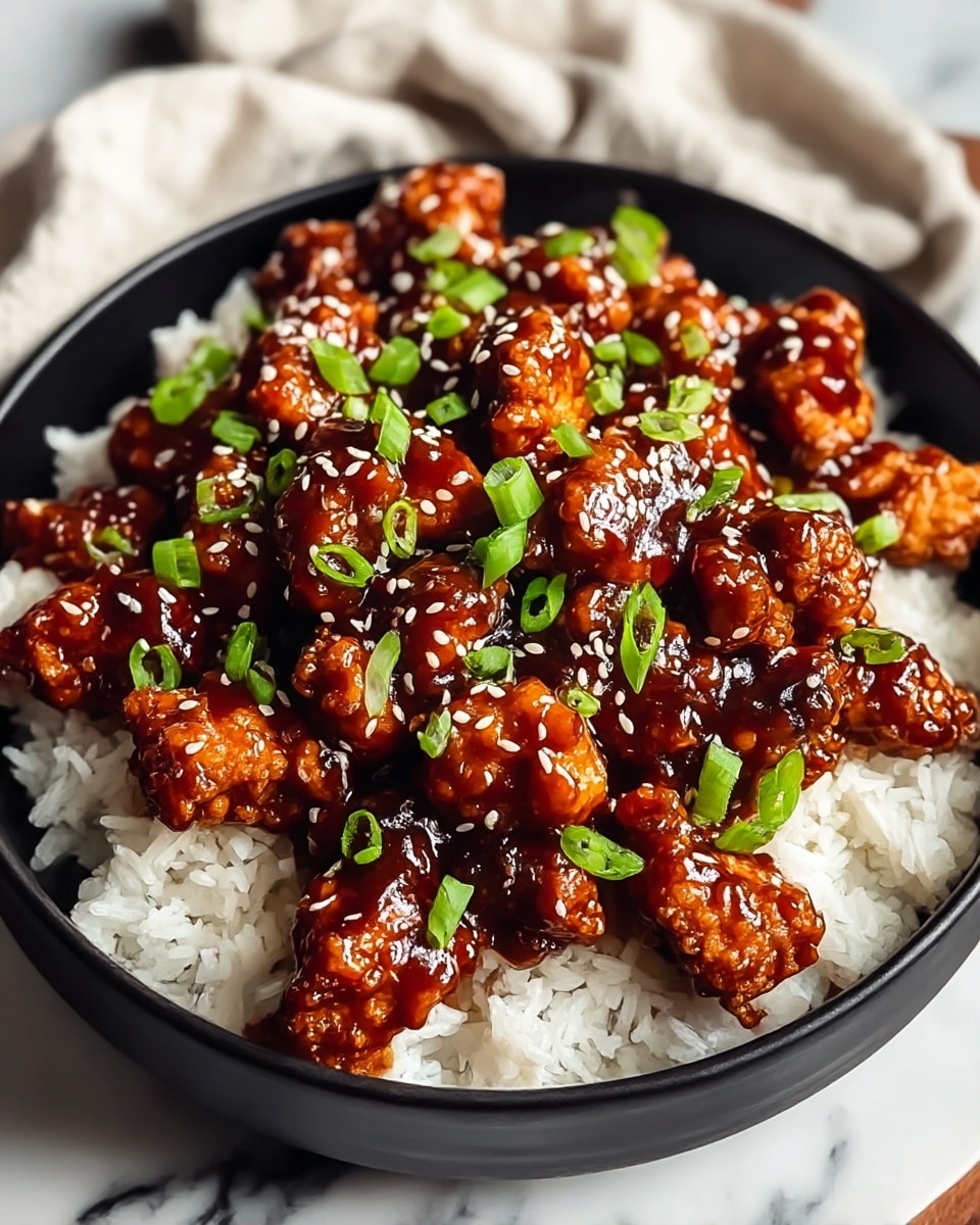 A black bowl filled with a base layer of steamed white rice showing fluffy and separate grains, topped with a generous layer of small pieces of crispy fried chicken coated in a thick, shiny dark brown sauce. The chicken pieces are garnished with small sprinkled white sesame seeds and chopped bright green spring onions, adding contrast to the dark sauce. The bowl is set on a white marbled surface with a light-colored cloth partially visible nearby. photo taken with an iphone --ar 4:5 --v 7