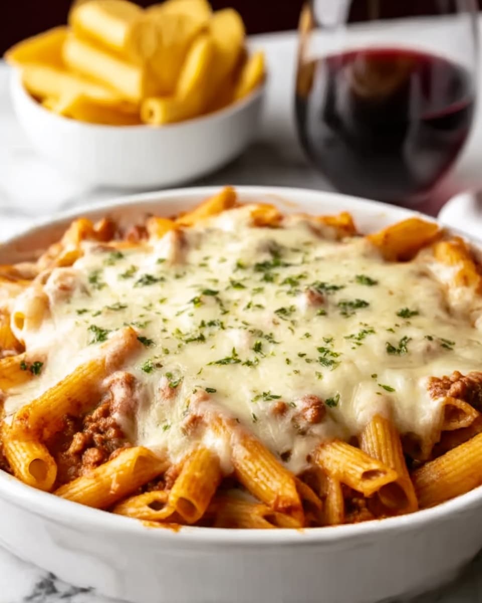 A white dish filled with baked penne pasta covered in a thick layer of melted light golden cheese with small green herbs sprinkled on top. The pasta underneath shows a mix of orange and red sauce with bits of minced meat visible. The cheese layer looks bubbly and slightly browned in places, with a creamy texture. The background features a glass of red wine and a white bowl with round yellow chips, all set on a white marbled surface. photo taken with an iphone --ar 4:5 --v 7