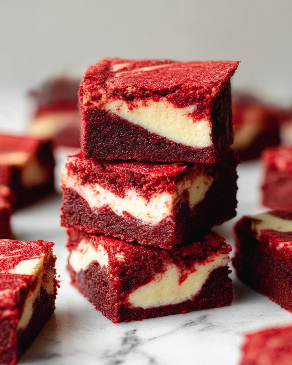 The image shows a stack of three square red velvet cheesecake brownies placed on a white marbled surface. Each brownie has two visible layers: the outer layer is a deep red, moist, and dense cake texture, and the inner layer is a creamy white cheesecake swirl that moves irregularly through the middle of the brownies. The top brownie shows a textured red crust with slight cracks and a smooth, creamy white swirl inside. Surrounding the stack, there are more pieces of brownies blurred in the background, resting on the same white marbled surface. photo taken with an iphone --ar 4:5 --v 7