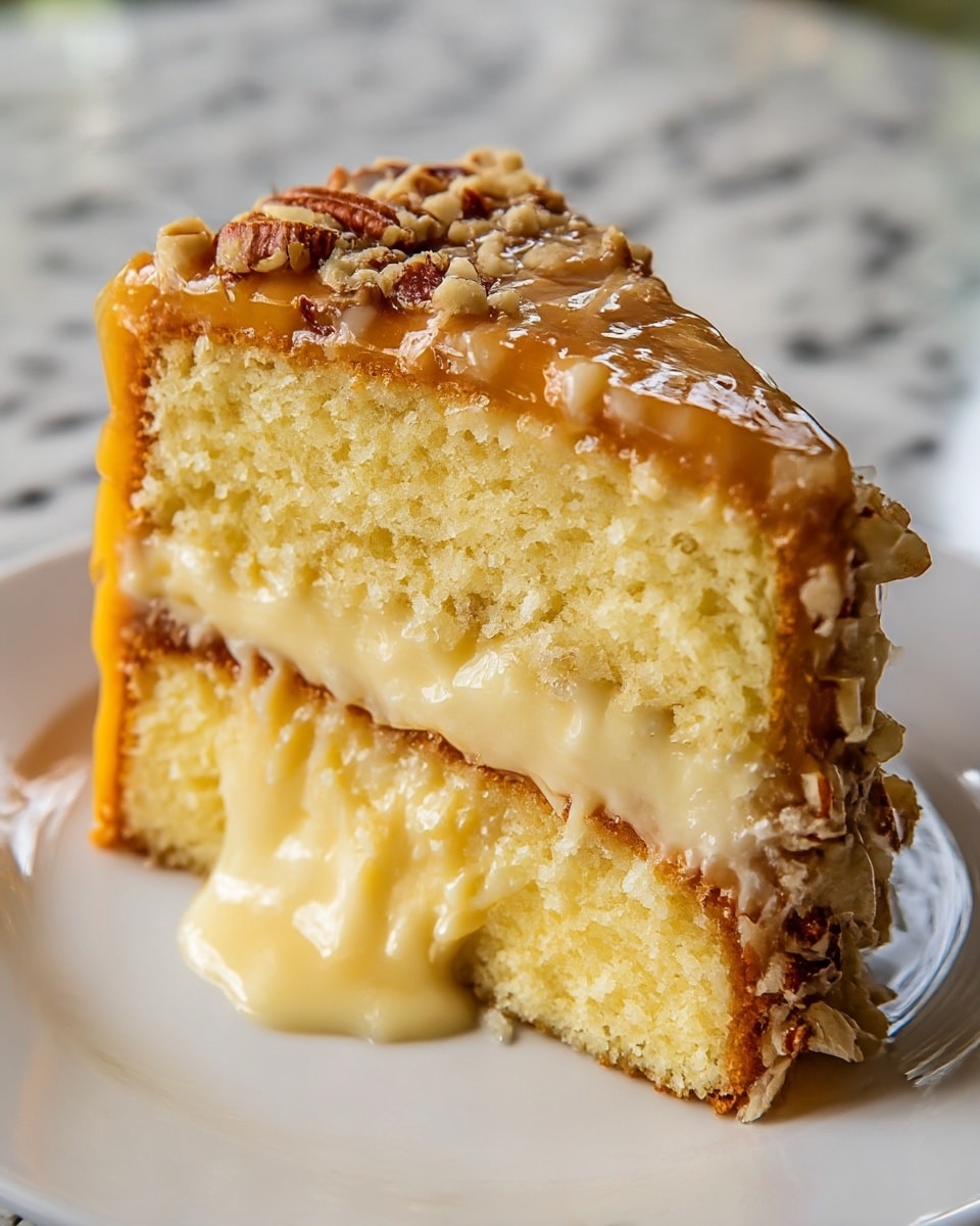 A slice of two-layer yellow cake sits on a white plate with a smooth texture visible on the cake layers. Between the cake layers, there is a thick layer of creamy, light yellow filling that is slightly oozing out. The outer edge and top of the cake are coated with a glossy caramel glaze and decorated with chopped nuts. The cake looks moist and soft, with the glaze shining under the light, and the nuts adding texture to the surface. The background shows a blurred white marbled texture. photo taken with an iphone --ar 4:5 --v 7