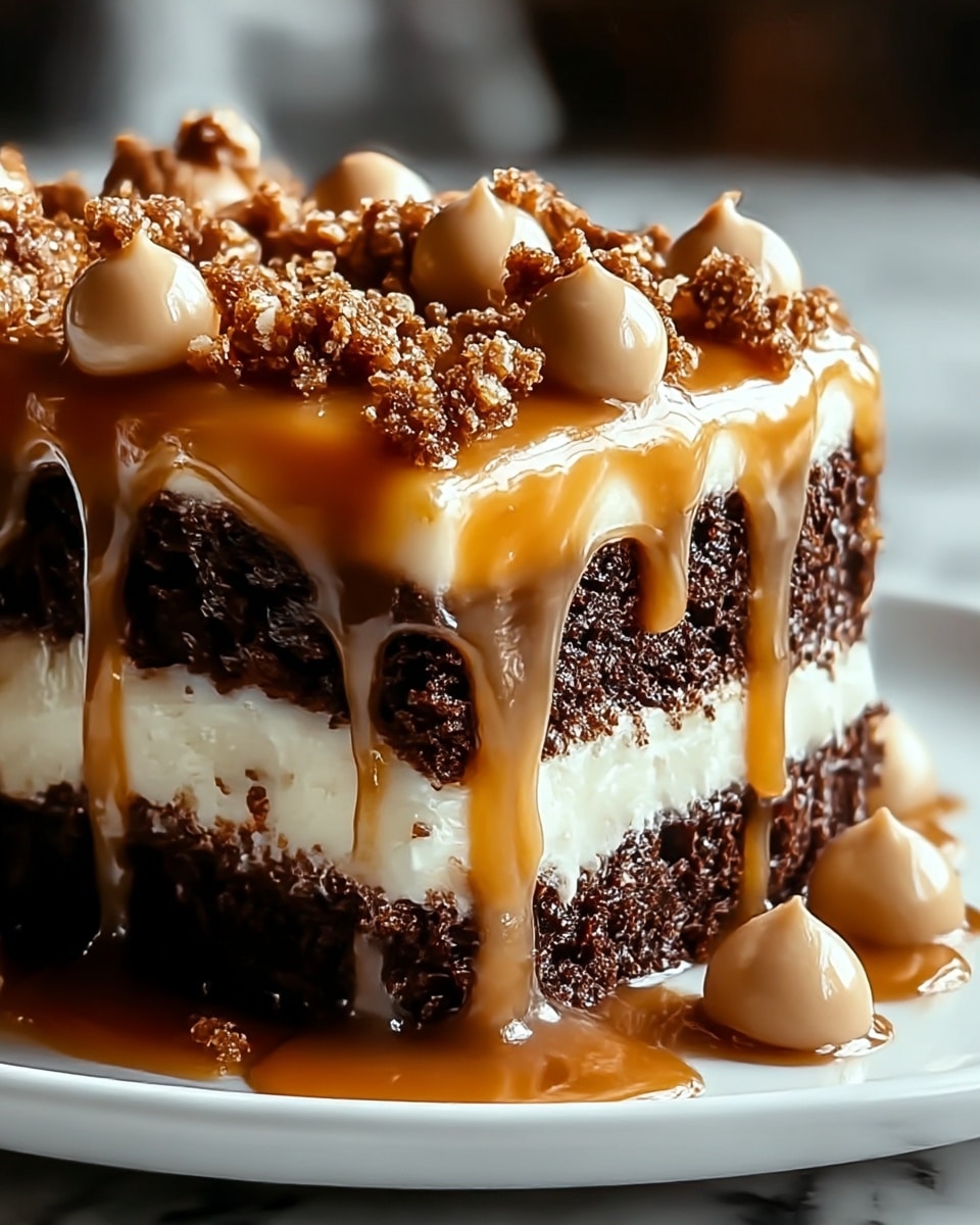 A close-up view of a rich chocolate dessert showing two thick dark brown cake layers with a smooth creamy light caramel-colored frosting layer in the middle. On top, there is a glossy caramel sauce dripping down the sides, pooling on the white plate below. The top is decorated with crunchy caramel crumble pieces and small caramel drops. The texture looks moist and gooey with a shiny surface from the caramel sauce, captured on a white marbled texture. photo taken with an iphone --ar 4:5 --v 7