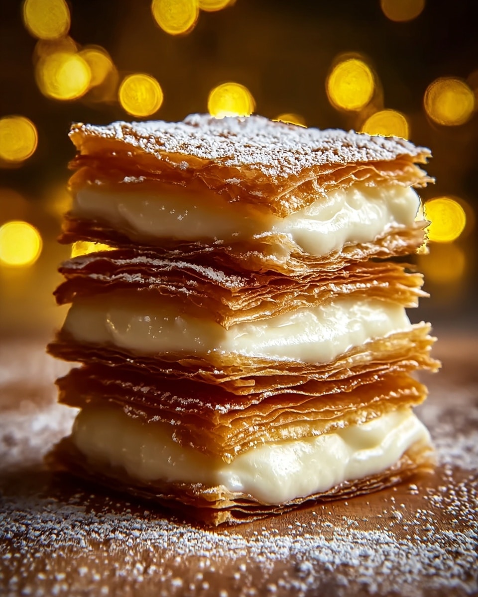The image shows a stack of three layers of golden brown, crispy pastry sheets with flaky texture. Each layer is separated by a thick, creamy white filling, smooth and slightly oozing out from between the pastry layers. The top pastry layer is dusted with a light sprinkle of powdered sugar, adding a delicate finishing touch. The dessert is placed on a wooden surface with scattered powdered sugar around it, and blurry yellow lights create a warm background glow. photo taken with an iphone --ar 4:5 --v 7