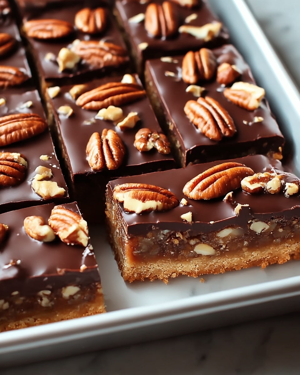 A close-up view of a three-layer dessert bar in a metal tray, showing a crumbly light brown base layer, a middle sticky caramel layer with bits of nuts mixed in, and a shiny dark chocolate top layer spread smoothly over the whole surface. The chocolate layer is decorated with whole pecan nuts arranged neatly in rows and pieces of chopped nuts scattered between them. The tray sits on a white marbled texture, with soft light highlighting the glossy chocolate and textured nuts. Photo taken with an iphone --ar 4:5 --v 7