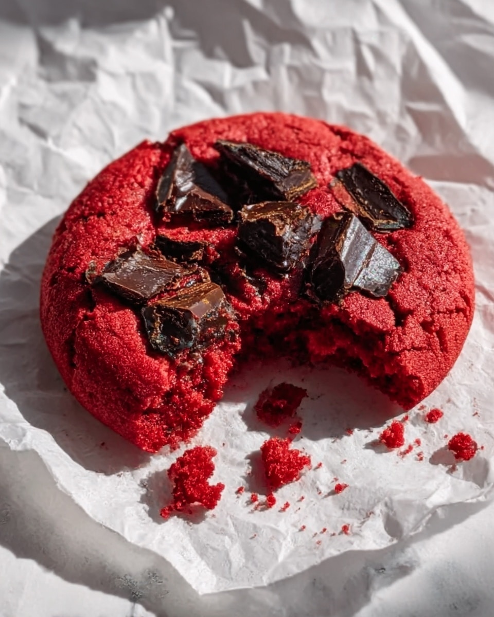 A close-up of a bright red cookie with a rough texture, broken in the middle to show a soft inside. On top, large irregular chunks of dark chocolate are embedded, some slightly melted. The cookie rests on crumpled white paper that is on a white marbled surface. The lighting shows soft shadows and highlights the crumbly edges of the cookie and the shiny chocolate pieces. Photo taken with an iphone --ar 4:5 --v 7