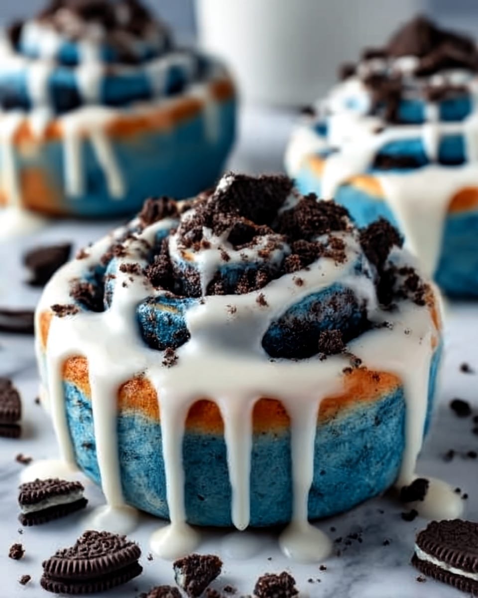 A close-up of a blue cinnamon roll topped with white icing that drips down the sides, sitting on a white marbled surface. The cinnamon roll has a soft, swirled texture with dark cookie crumbs sprinkled on top and throughout the icing. There are broken cookie pieces scattered around the roll. In the background, parts of two more blue cinnamon rolls are visible, also topped with white icing and cookie crumbs. Photo taken with an iphone --ar 4:5 --v 7
