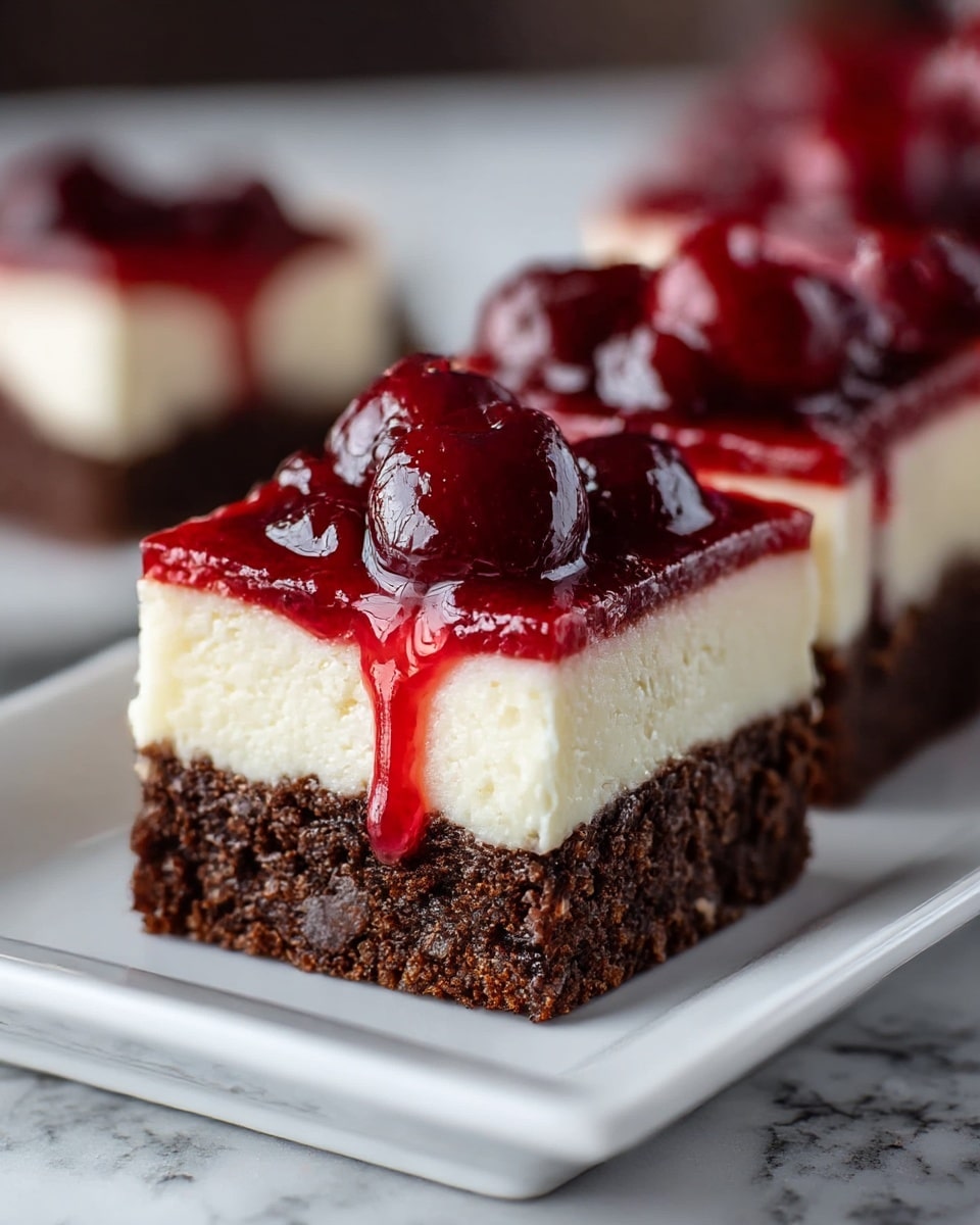 The image shows a close-up of a square dessert bar with three clear layers on a white rectangular plate. The bottom layer is a thick, dark brown, crumbly brownie base with a rich texture and visible chunks. The middle layer is a smooth, creamy off-white cheesecake with a soft, dense look. The top layer is a glossy, bright red cherry sauce with whole cherries embedded in it, some juice dripping slightly over the cheesecake. The background and surface are a white marbled texture, softly blurred to keep focus on the dessert bars. photo taken with an iphone --ar 4:5 --v 7