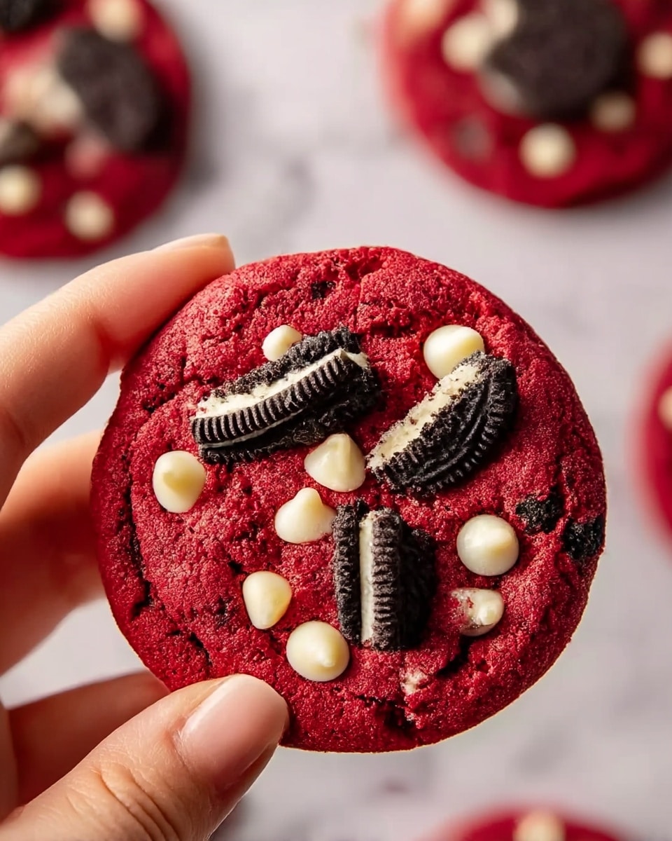A close-up of a single red velvet cookie held by a woman's hand, showing a rich red base with a rough texture. The cookie features broken pieces and chunks of black Oreo cookies with their cream filling visible on top, layered with scattered white chocolate chips that add a smooth, creamy contrast. In the background, a white marbled surface is visible with another cookie and blurred red roses softly out of focus. The bright red color of the cookie and the dark and white bits make a striking, textured look. photo taken with an iphone --ar 4:5 --v 7