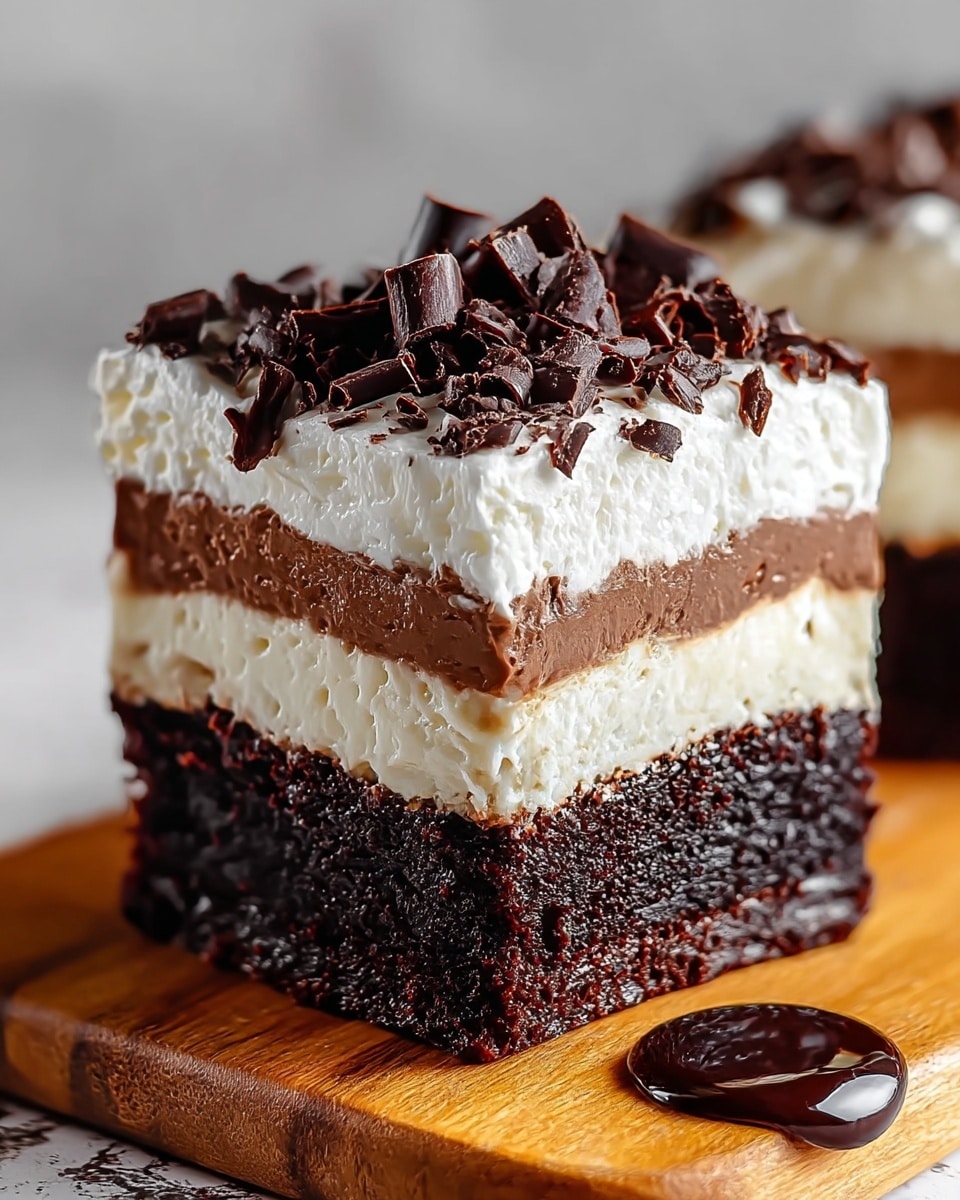 A close-up of a three-layer chocolate dessert slice on a wooden board with a white marbled texture background, the bottom layer is dark, dense, and moist chocolate cake, the middle layer is a creamy, rich, milk chocolate mousse with a smooth texture, and the top layer is a thick, white whipped cream topped with dark chocolate curls scattered unevenly, with a small drop of chocolate sauce on the board near the dessert, photo taken with an iphone --ar 4:5 --v 7