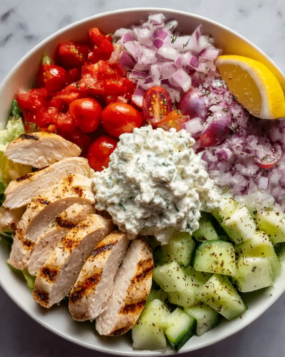 A white bowl is filled with a colorful layered salad featuring four main sections surrounding a large scoop of creamy white cottage cheese in the center. Starting from the top and moving clockwise, there is a layer of small diced pinkish-red onions, followed by bright red chopped cherry tomatoes mixed with herbs. Next to the tomatoes is a pale yellow lemon wedge placed near the edge of the bowl. At the bottom left, there are several slices of grilled chicken breast with clear brown grill marks. Finally, there are light green cucumber chunks seasoned with black pepper. The bowl sits on a white marbled surface. Photo taken with an iphone --ar 4:5 --v 7