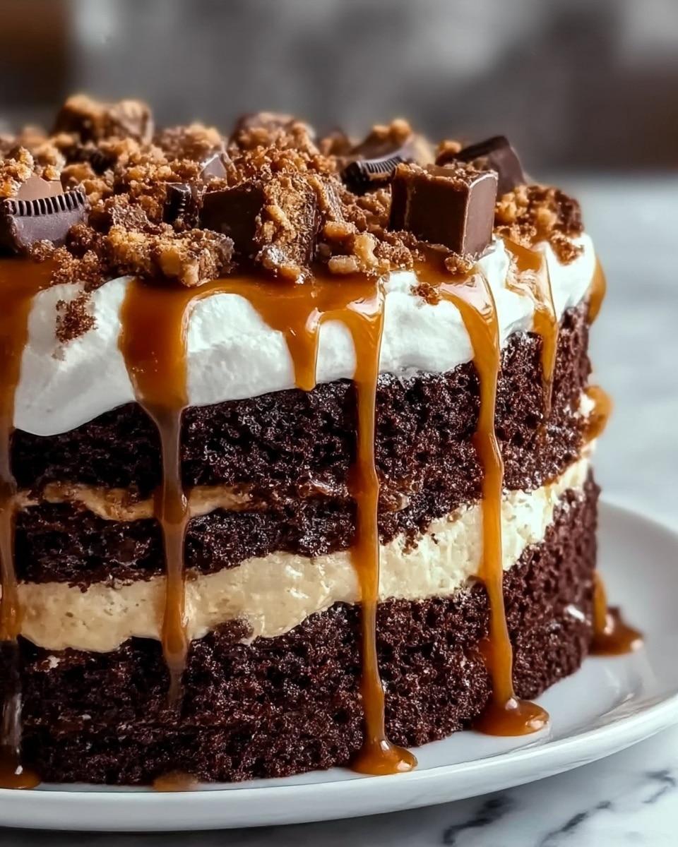 A close-up of a rich chocolate cake with three thick layers, each dark brown and moist. Between the layers is a creamy light caramel filling that looks smooth. The top layer is covered with white whipped cream, topped with small pieces of crunchy chocolate chunks and crumbly bits. Caramel sauce is drizzled over the top and flows down the sides, giving a glossy, sticky look. The cake sits on a white plate on a white marbled surface. Photo taken with an iphone --ar 4:5 --v 7