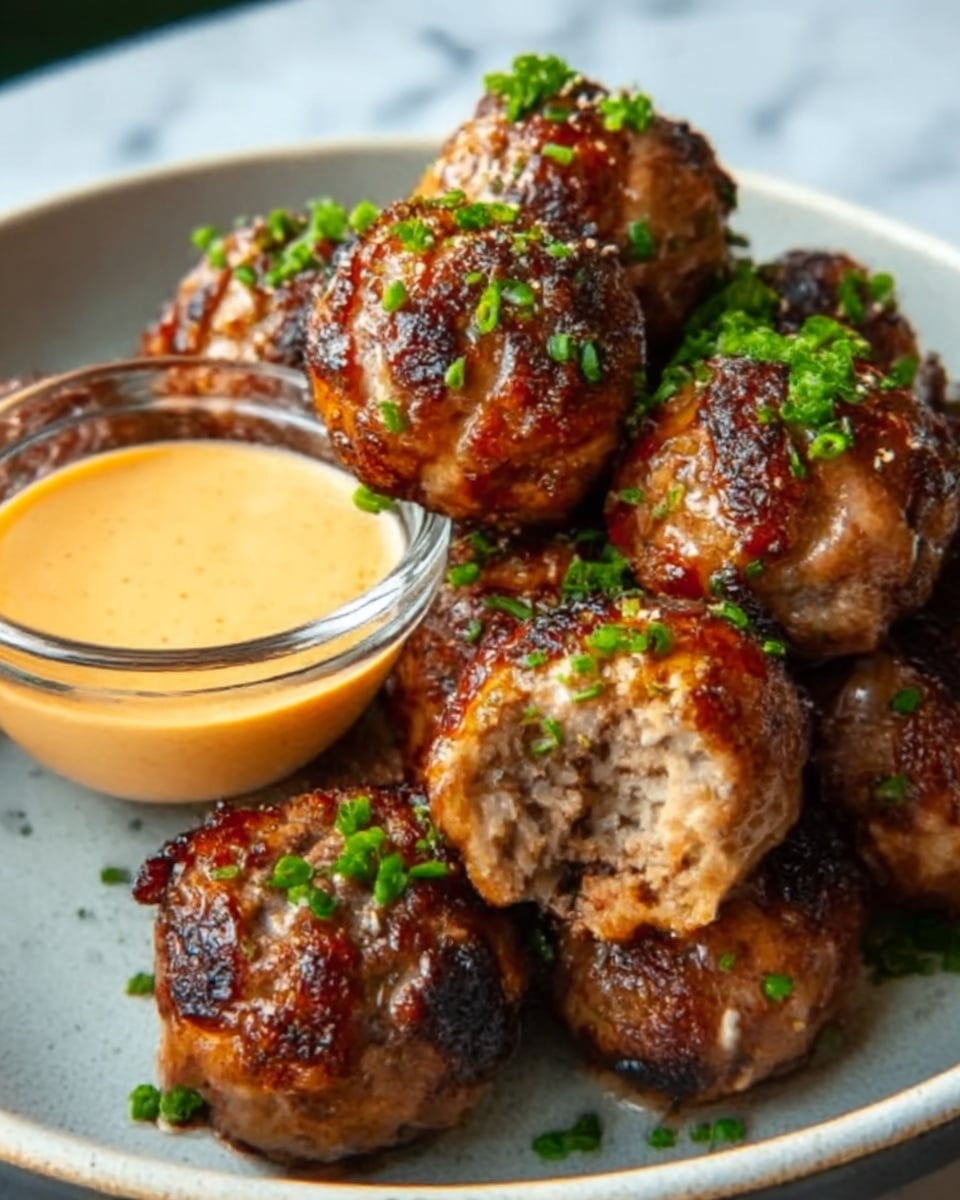 The image shows a white plate filled with several browned, grilled meatballs that have a slightly crispy outer layer with some green chopped herbs sprinkled on top. There is a small glass bowl placed on the plate, filled with a light orange creamy sauce. The texture of the meatballs looks juicy and well-cooked with a mix of dark and golden brown colors. The background is a white marbled surface. Photo taken with an iphone --ar 4:5 --v 7