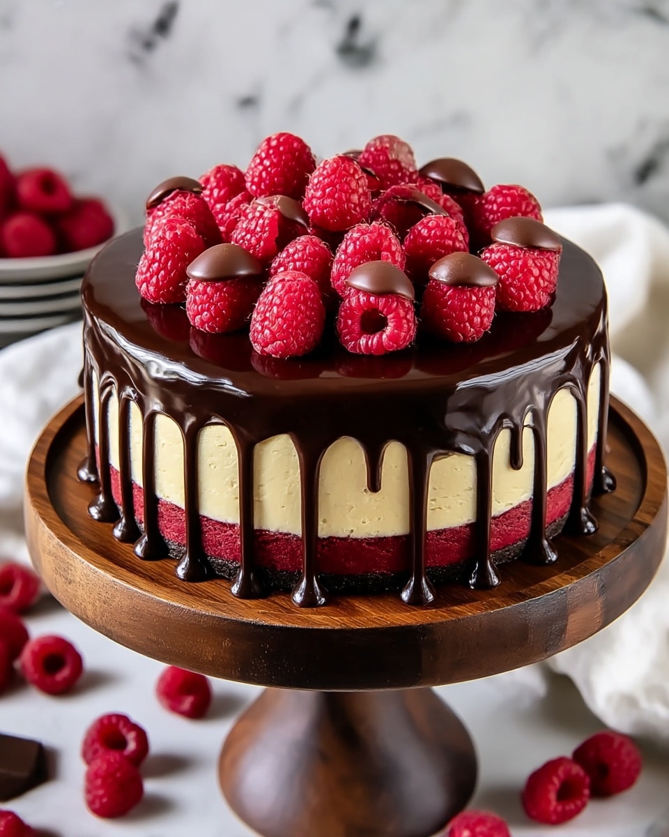 A two-layer round cake sits on a dark wooden stand, with the bottom layer being a light cream color and the top layer a deep red. The whole cake is topped with glossy dark chocolate glaze that drips down the sides in thick, even streams. On the top, bright red raspberries are piled over the chocolate, some sitting directly on the glaze and others on small dollops of chocolate. The background is a white marbled texture, with scattered fresh raspberries and a white cloth nearby. photo taken with an iphone --ar 4:5 --v 7