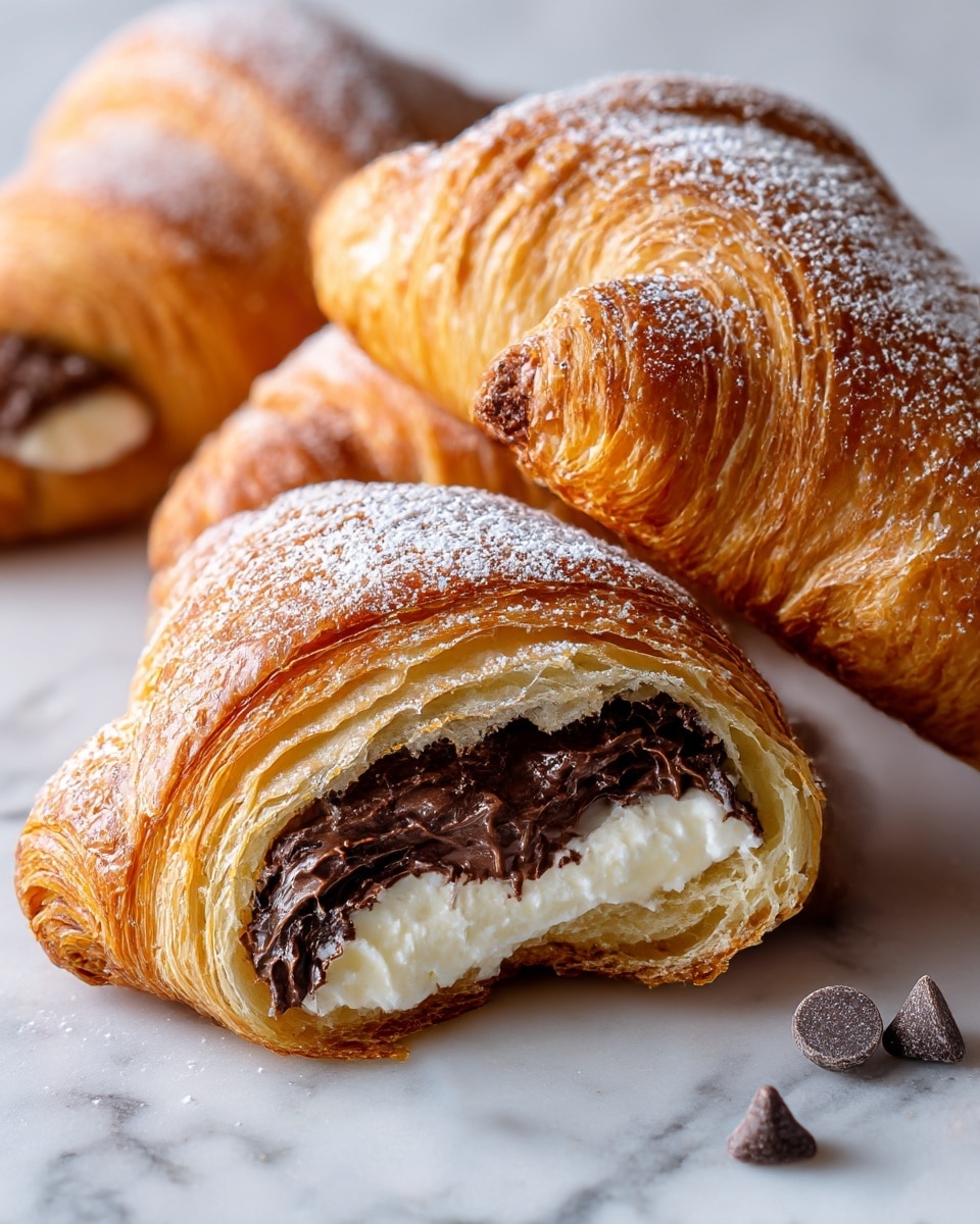 This image shows several golden brown croissants with a flaky and crispy layered texture. Two croissants are cut open to reveal thick, dark chocolate filling inside, with a white creamy layer just above the chocolate. The croissants are sprinkled lightly with powdered sugar. There are a few chocolate chips placed near the croissants on a white marbled surface. Photo taken with an iphone --ar 4:5 --v 7
