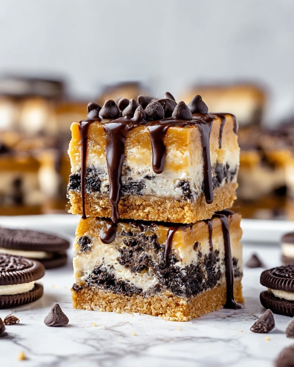 The image shows two stacked dessert bars with four visible layers, placed on a white marbled surface. The bottom layer is a light brown crumbly cookie crust, followed by a thick layer with dark, almost black cookie chunks mixed in a creamy white base. Above this is a smooth caramel layer in a rich amber color, topped with scattered mini chocolate chips and drizzled with dark chocolate sauce that flows down the sides. In the background, more bars and whole sandwich cookies are slightly blurred, adding depth to the scene. Photo taken with an iphone --ar 4:5 --v 7
