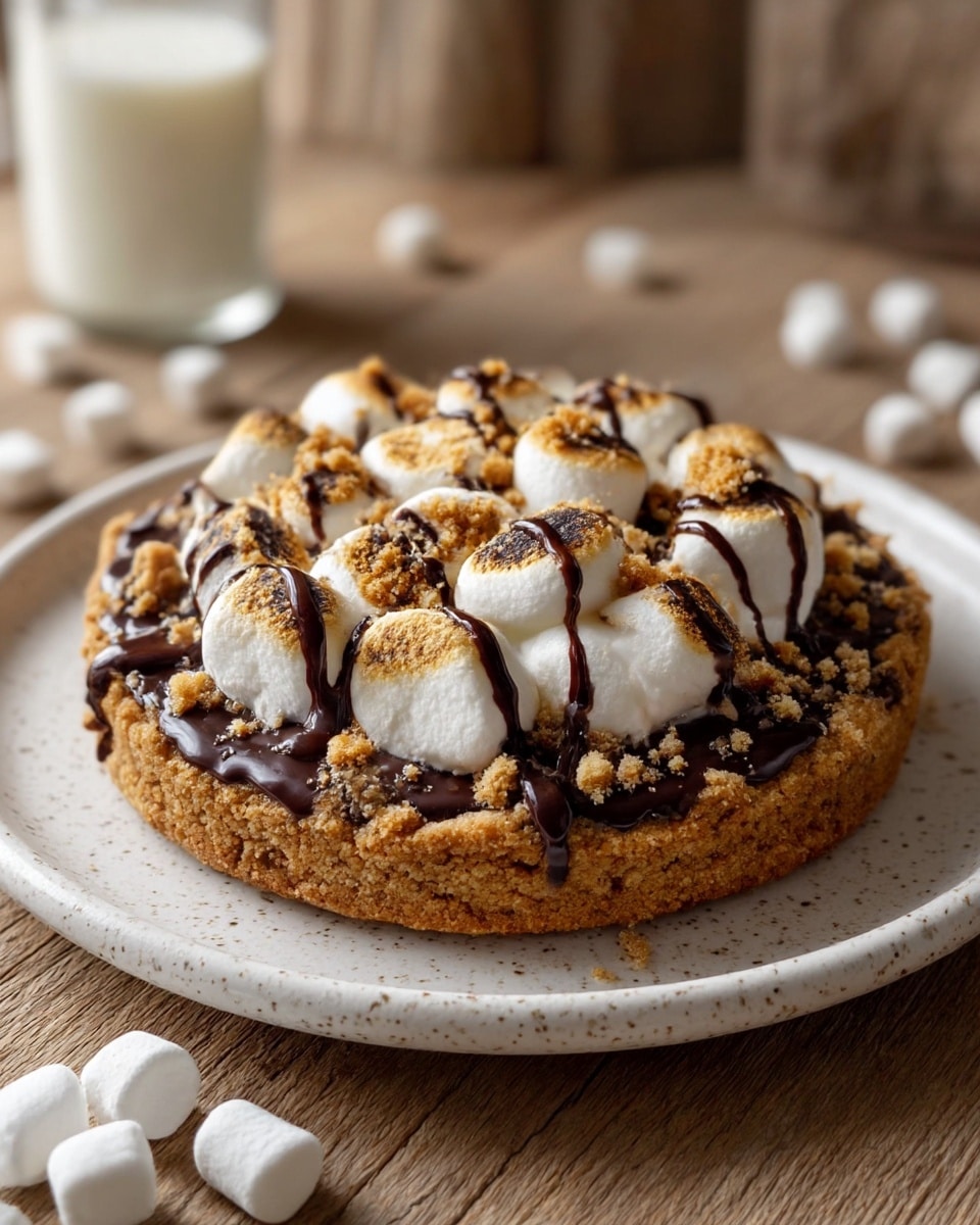 A round cookie base with a rough, golden-brown texture forms the bottom layer, topped with a thick layer of melted dark chocolate that shines slightly. On top of the chocolate, there is a layer of large toasted marshmallows, white with golden brown spots, arranged close together covering most of the surface. Drizzles of dark chocolate sauce run over the marshmallows, and small crumbs of roasted crumbs are scattered on top, adding a crunchy texture. The cookie is placed on a white speckled plate set on a wooden surface with some small marshmallows scattered around, and a glass of milk is seen blurred in the background. photo taken with an iphone --ar 4:5 --v 7