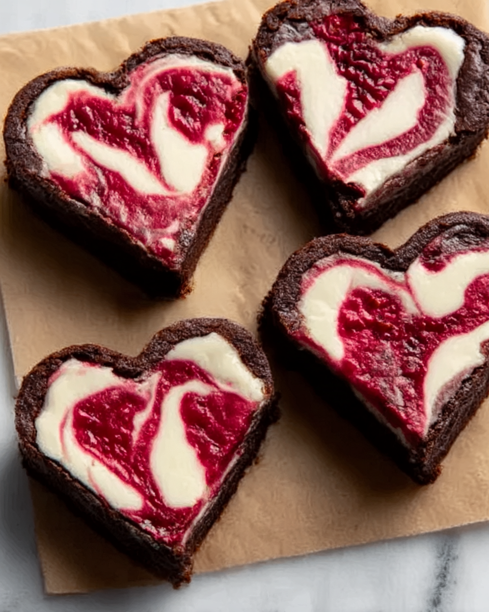 Four heart-shaped brownies are placed on brown parchment paper over a white marbled surface. Each brownie has a thick dark brown base with smooth swirls of white cream mixed with bright red raspberry sauce on the top, creating a marbled pattern. The swirls are uneven and spread across the surface in different shapes, adding color contrast to the dark chocolate background. The brownies have a slightly rough texture around the edges and look soft inside. photo taken with an iphone --ar 4:5 --v 7