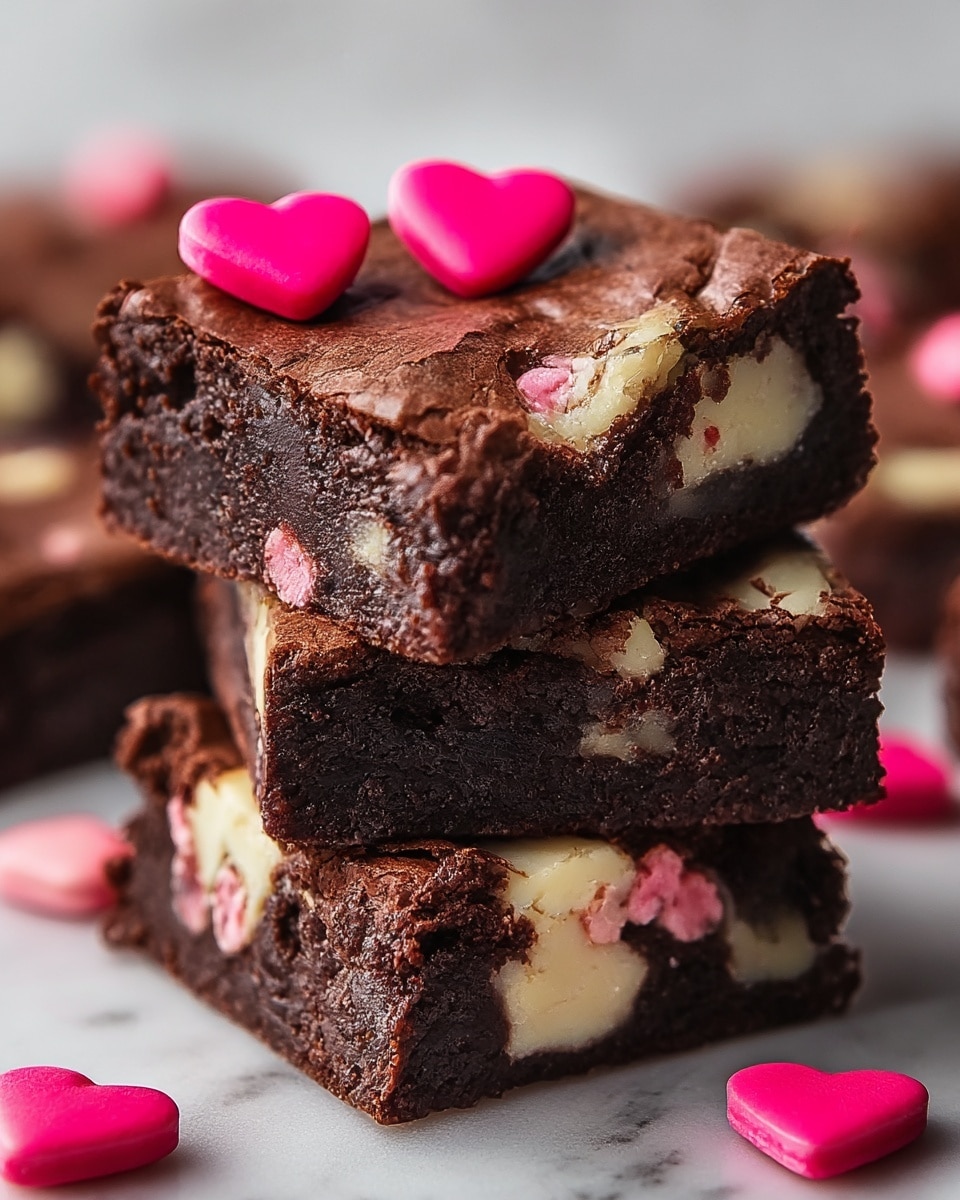 A close-up of a stack of three rich, dark chocolate brownies with a slightly cracked top layer. Each brownie shows creamy white swirls inside mixed with small pink spots, likely candy or fruit pieces, that contrast with the dark chocolate base. On the top brownie, there are two bright pink heart-shaped candies placed near the front edge. Additional pink heart-shaped candies are scattered around the stack. The brownies are set on a white marbled surface. photo taken with an iphone --ar 4:5 --v 7