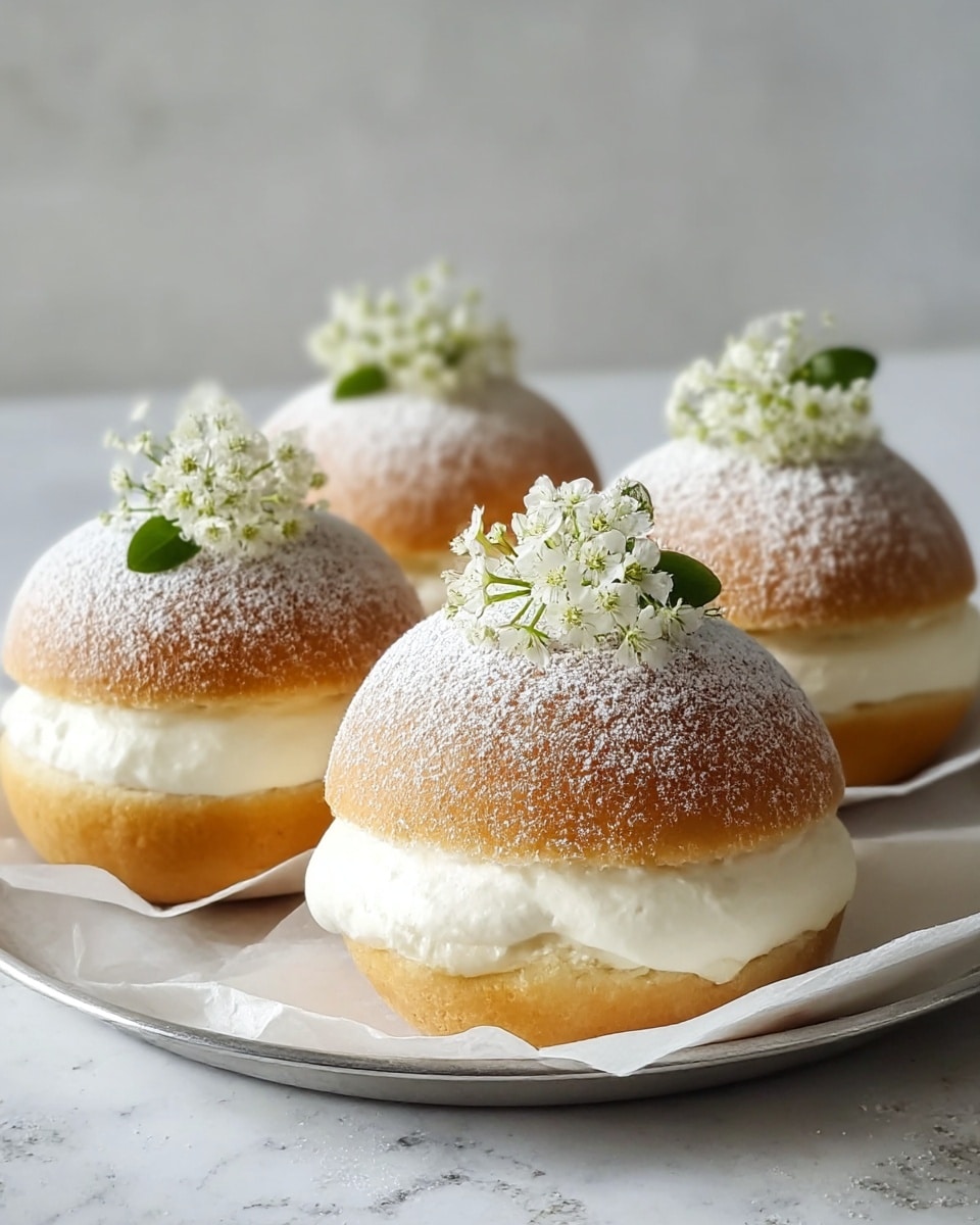Four round cream buns sit on white parchment paper inside a shallow silver plate, all placed on a white marbled texture. Each bun has two layers: the bottom layer is a soft golden-brown bread, the middle layer is a thick, white cream filling that slightly spills out, and the top layer is the golden-brown bread dusted with white powdered sugar. On top of each bun, there is a small cluster of delicate white flowers with a few green leaves. The overall look is soft, fluffy, and light. Photo taken with an iphone --ar 4:5 --v 7