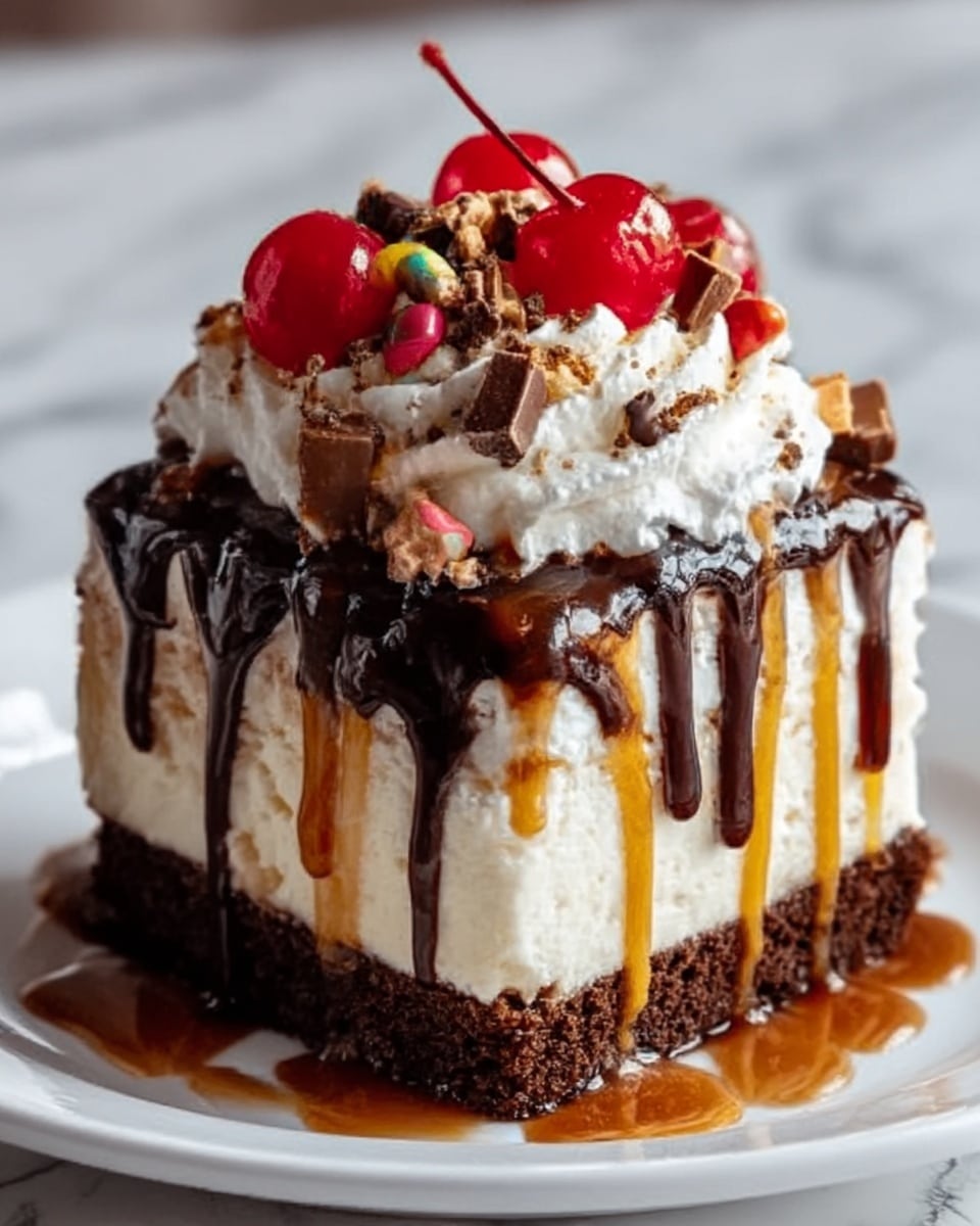 The image shows a square dessert on a white plate with four clear layers: a thick dark brown crumbly base, a creamy off-white middle layer, a layer of whipped cream on top with a smooth fluffy texture, and a drizzle of shiny dark chocolate and golden caramel sauces flowing down the sides. The whipped cream is decorated with red cherries and small pieces of chocolate and candy, adding pops of color and texture. The background is a white marbled texture. photo taken with an iphone --ar 4:5 --v 7