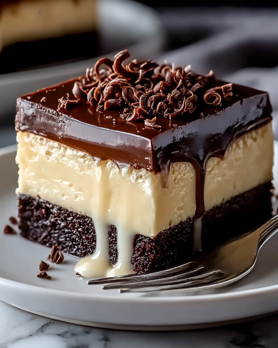 A close-up view of a three-layer dessert square on a white plate, placed on a white marbled surface. The bottom layer is dark, moist chocolate cake with a soft texture, followed by a thick middle layer of smooth, creamy pale beige custard that slightly drips over the cake edges. The top layer is a glossy, rich dark chocolate ganache, adorned with small, curly chocolate shavings scattered over the surface. A silver fork lies next to the dessert on the plate. Photo taken with an iphone --ar 4:5 --v 7
