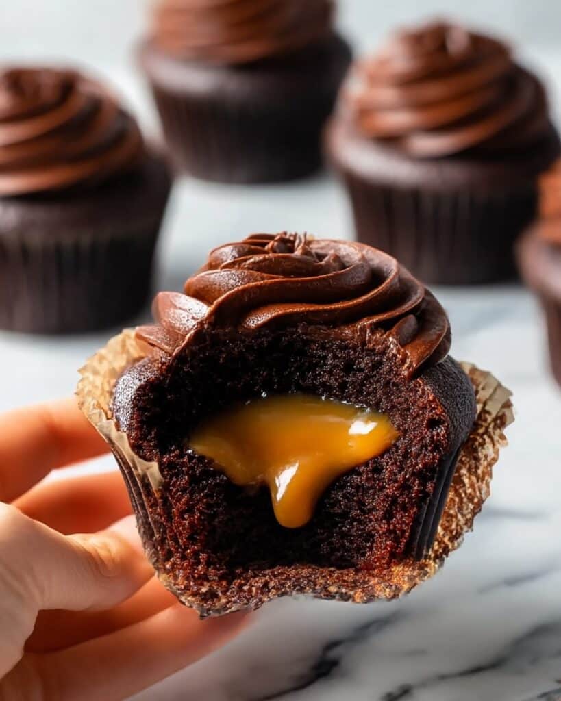 Chocolate Caramel Cupcakes with Fudgy Frosting and Rich Caramel Swirl Recipe