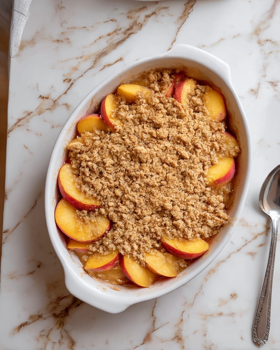 An oval white baking dish filled with a layer of sliced peaches around the edges showing bright orange and red hues, topped with a thick crumbly layer of light brown sugar and cinnamon crumble that has a rough, chunky texture, all set on a white marbled surface. A silver spoon lies next to the dish. Photo taken with an iphone --ar 4:5 --v 7