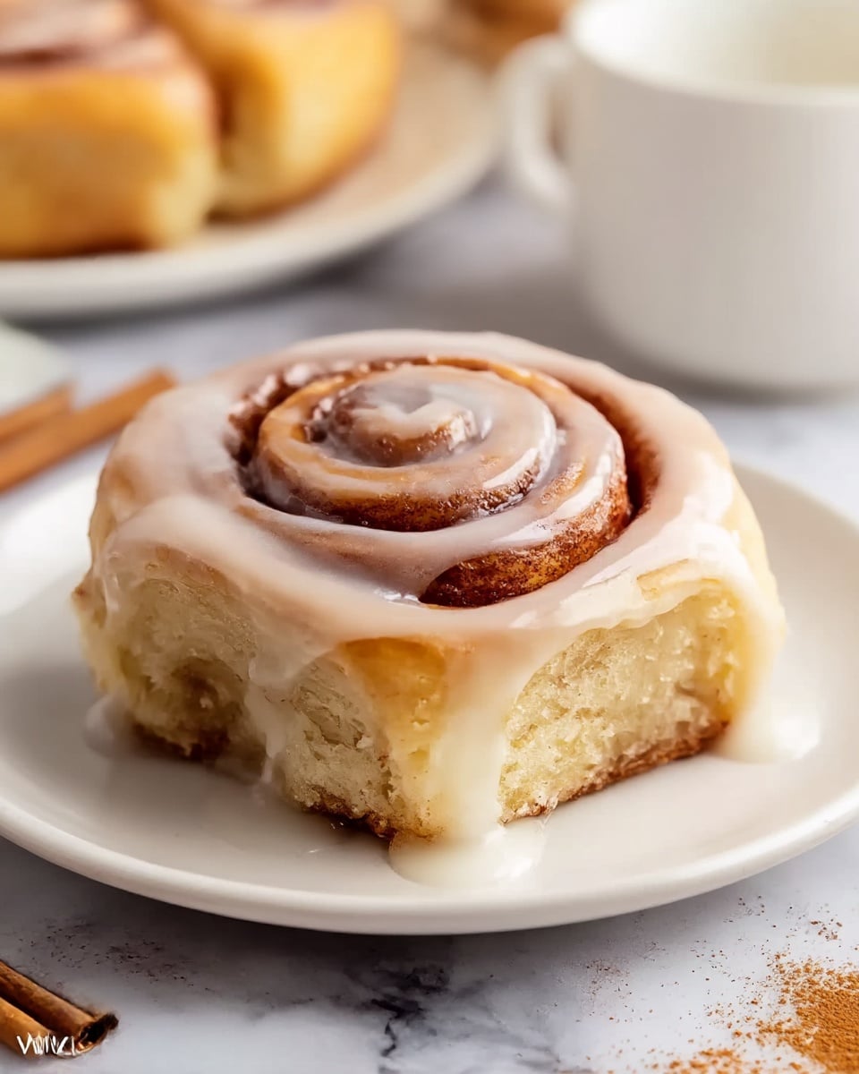 A close-up view of a single cinnamon roll on a white plate, showing two main visible layers: the light golden brown dough forming soft, fluffy spirals with a slightly crispy outer edge, and a shiny, smooth white glaze that is thickly spread on top and gently dripping down the sides. The surface of the dough inside the spirals has a darker brown cinnamon filling swirled throughout. The plate is placed on a white marbled surface with hints of cinnamon powder scattered around it. In the blurred background, a white cup and more cinnamon rolls on a white plate are visible. photo taken with an iphone --ar 4:5 --v 7