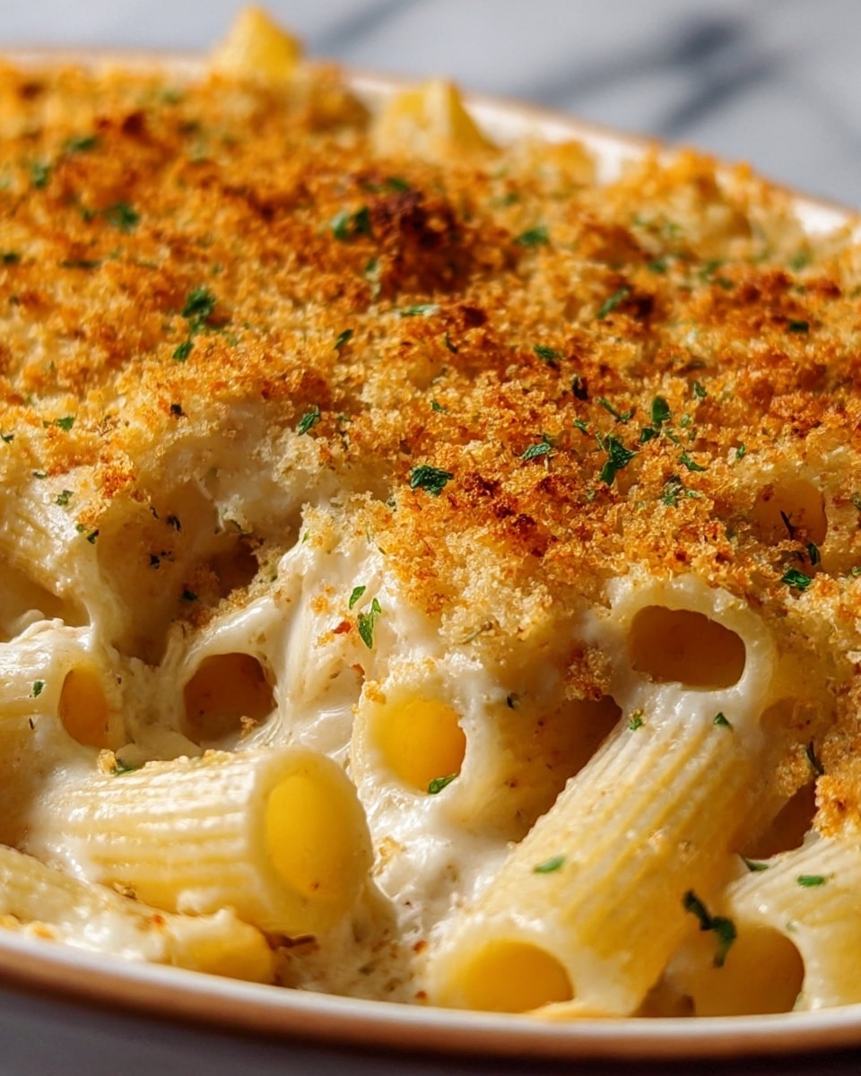 Close-up of baked rigatoni pasta layered thickly with creamy white cheese sauce, topped with a golden brown crispy breadcrumb layer scattered evenly over the surface, with small green herb pieces sprinkled throughout for color contrast. The pasta tubes are visible through the sauce, showing ridged texture and a soft, baked appearance. The dish is in a white marbled textured setting. photo taken with an iphone --ar 4:5 --v 7