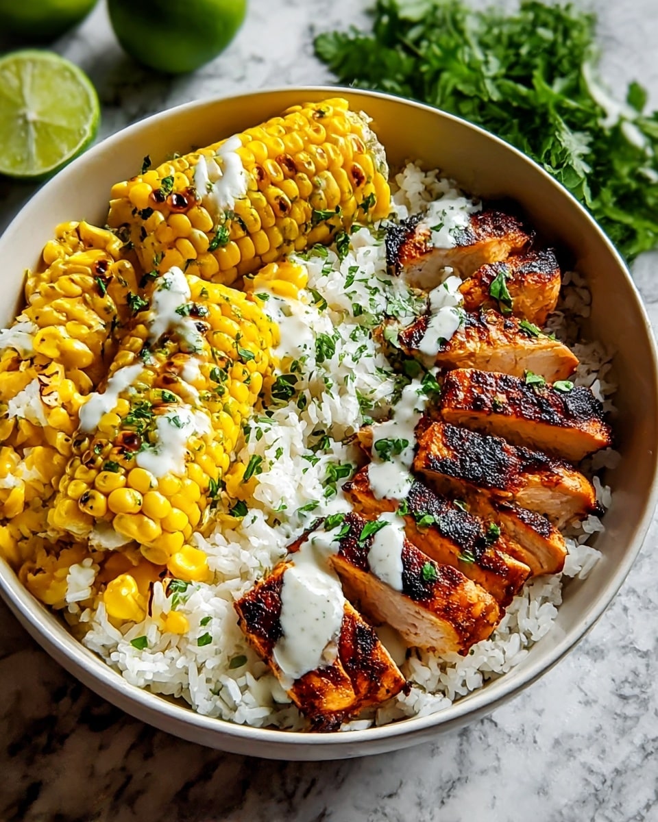A white bowl with a base layer of fluffy white rice, topped with two main sections: on the left, bright yellow grilled corn with some charred spots and sprinkled with green herbs; on the right, sliced grilled chicken with a well-browned, slightly charred surface, also sprinkled with green herbs. There is a drizzle of white creamy sauce over both the corn and chicken. In the back right corner of the bowl, there is a small bunch of fresh green leafy herbs. The bowl sits on a white marbled textured surface with halved green limes visible in the background. photo taken with an iphone --ar 4:5 --v 7