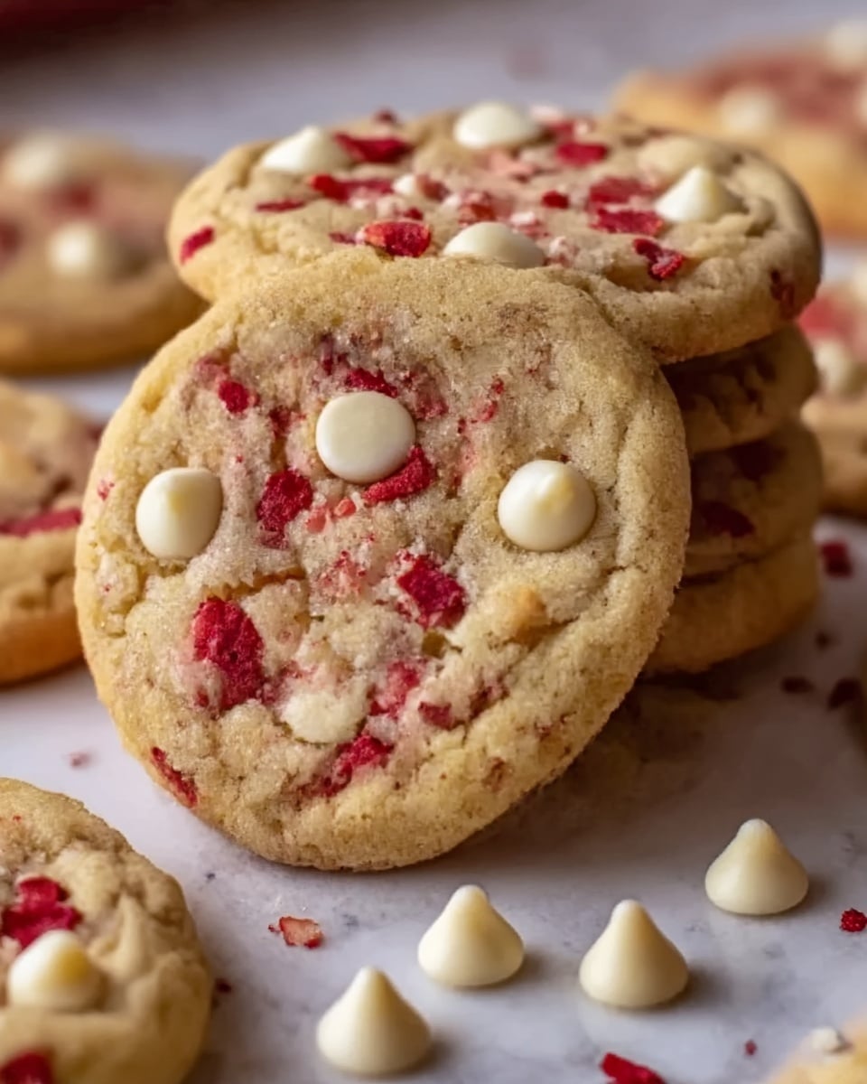 A stack of soft cookies filled with white chocolate chips and pieces of red strawberries is placed on a white plate. The cookies have a light golden color with a slightly cracked texture on top, showing the chunks of white chocolate and red fruit spread evenly within the dough. Around the plate, there are a few scattered white chocolate chips and strawberry bits. The white plate sits on a white marbled surface, giving a clean and bright look. Photo taken with an iphone --ar 4:5 --v 7