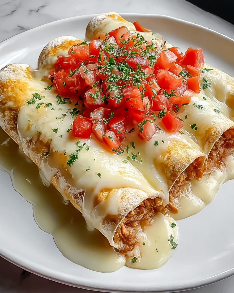 Three rolled tortillas filled with a light brown, textured chicken mix are placed side by side on a white plate with slightly raised edges. The tortillas are covered with a thick layer of melted, creamy white cheese sauce that drips slightly onto the plate. On top of the melted cheese, there is a generous heap of small, diced bright red tomatoes mixed with finely chopped green herbs, adding a fresh pop of color. The plate is set on a white marbled surface. photo taken with an iphone --ar 4:5 --v 7